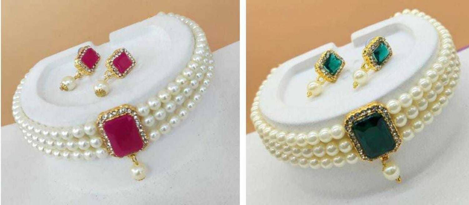 abdur raheem Brass Gold-plated Green, Pink, White Jewellery Set