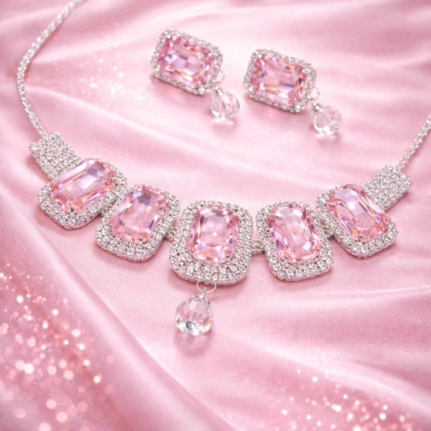 BLUSHIS Stainless Steel Silver Pink, Silver Jewellery Set