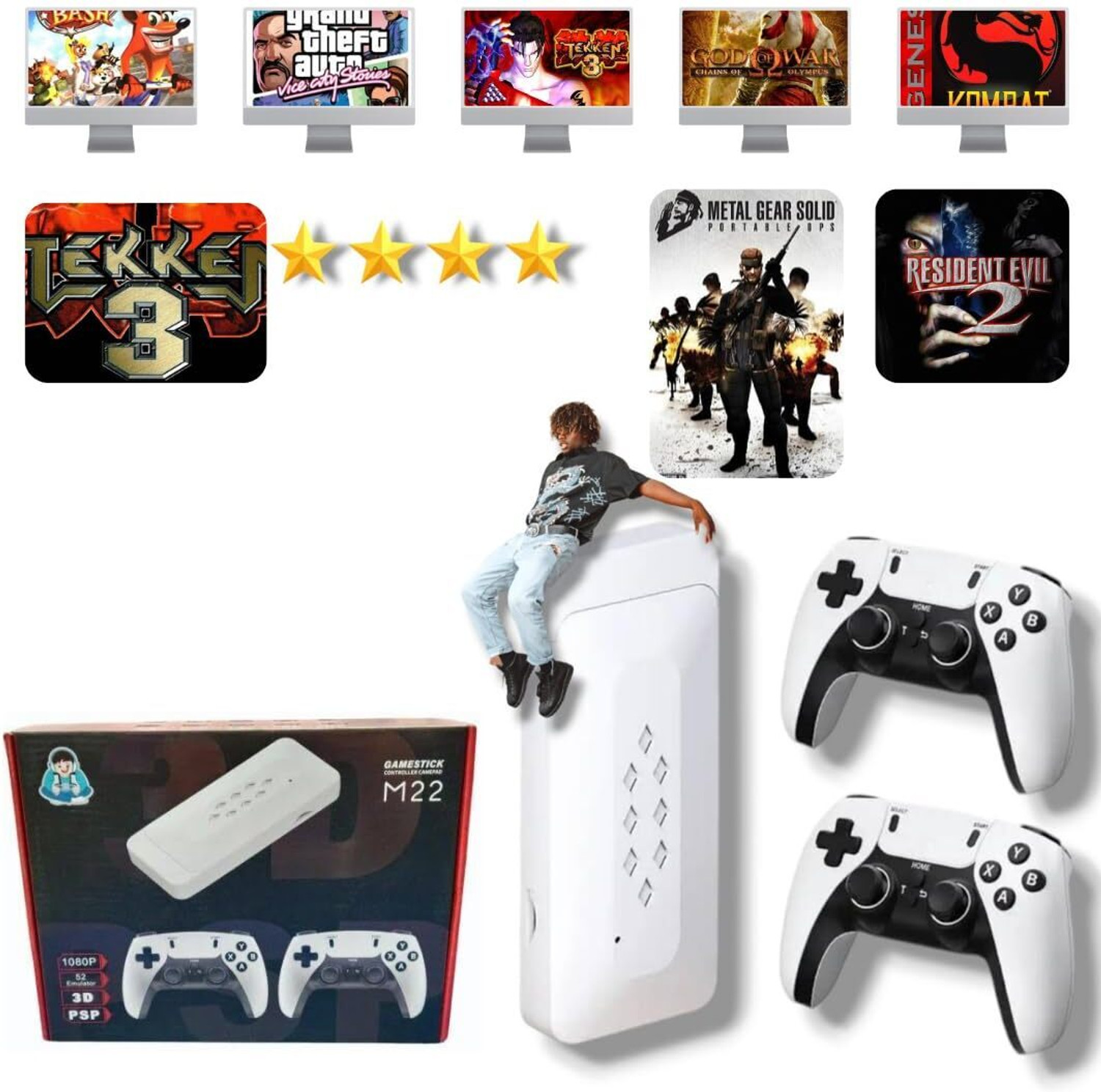 Image of PlayMosaic M22 Retro Game Stick - Wireless HD Plug & Play, 52 Emulators, 30,000+ Games Joystick