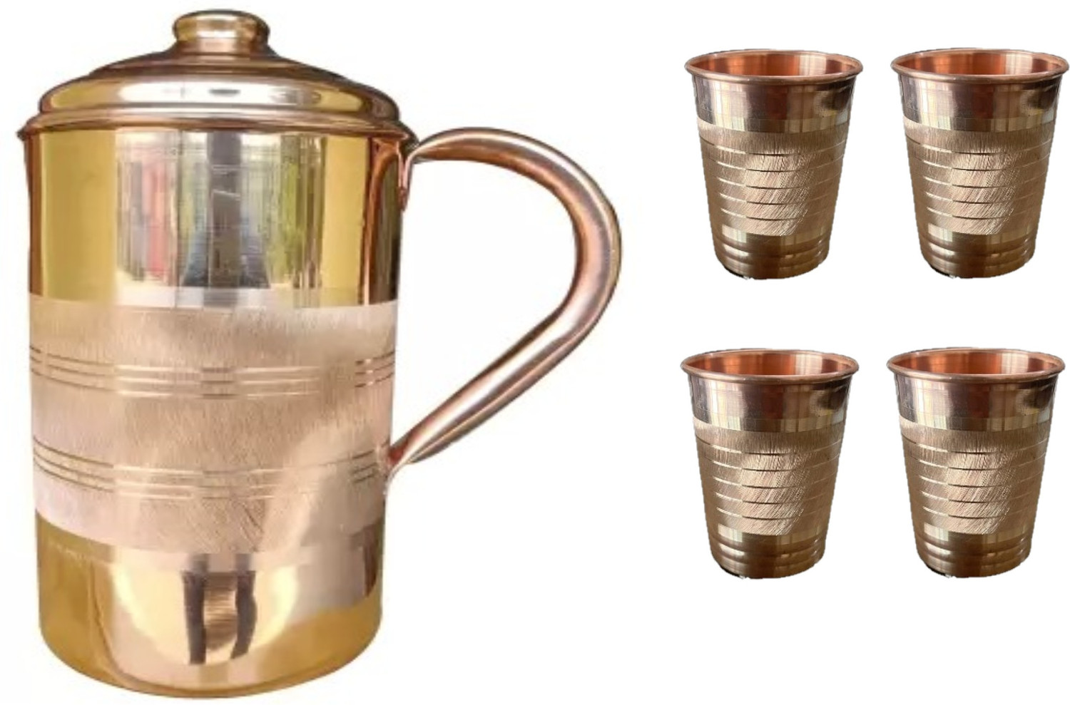 Image of VKAK Heavy Copper ( 2 Liter) Water JUG with 4 Glass , Glass Water Capacity :- 350ML Jug Glass Set