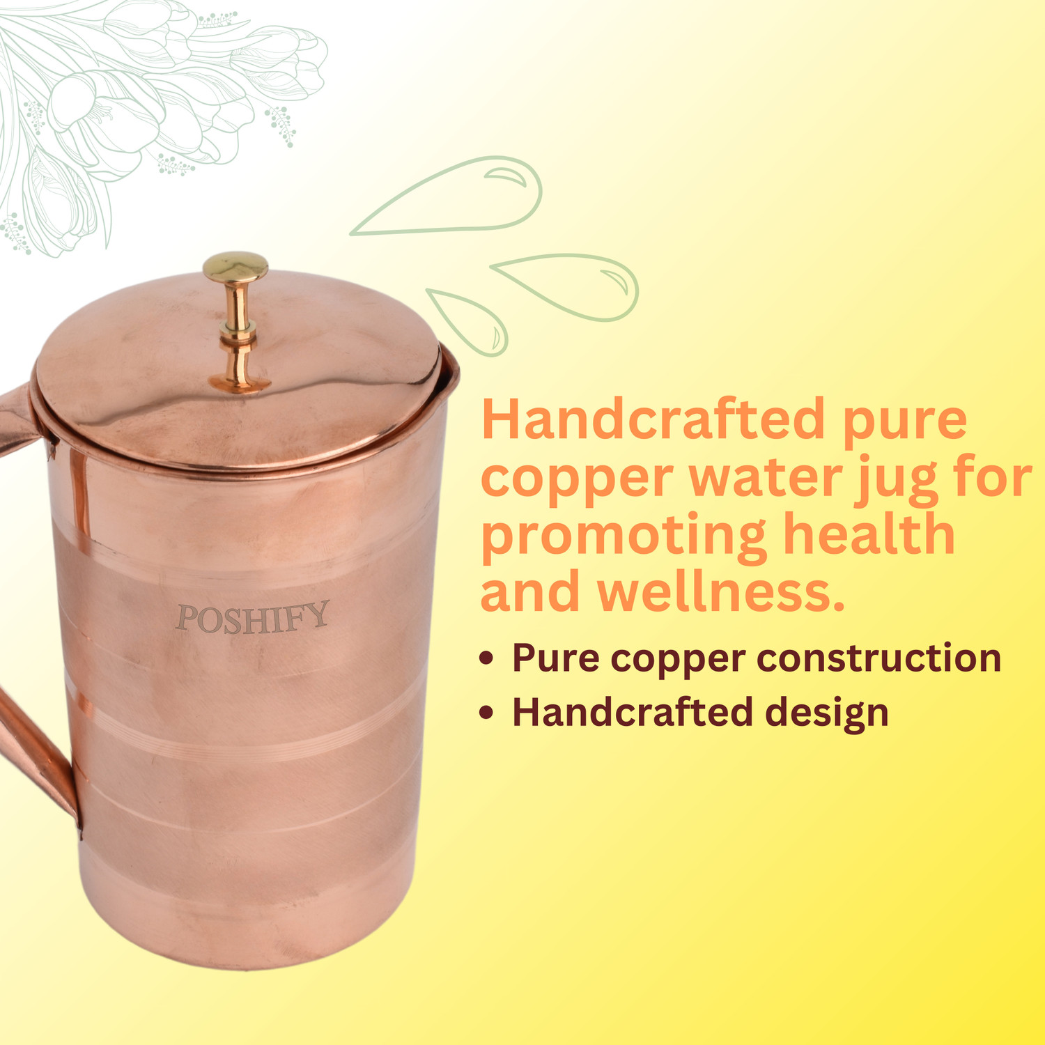 Image of POSHIFY Royal Copper Jug - 100% Pure Copper Water Jug for Ayurvedic Hydration Jug Tray Set