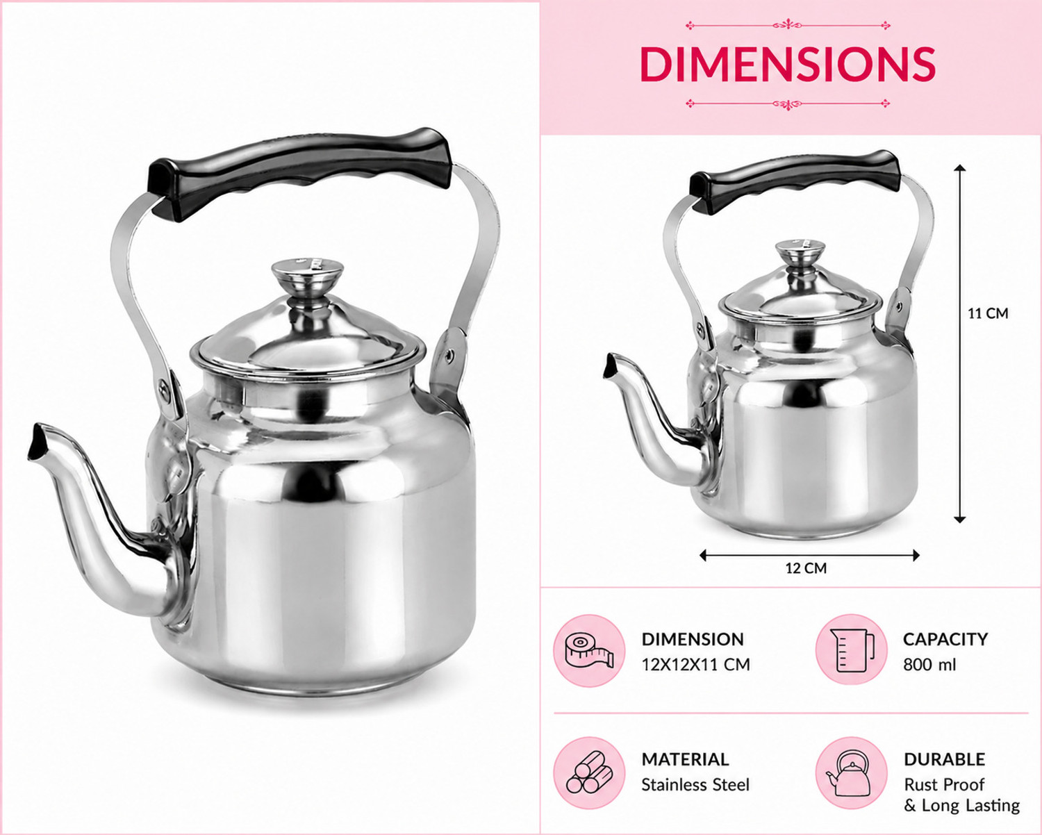Image of Dynore 800 ml Stainless Steel Kettle Jug