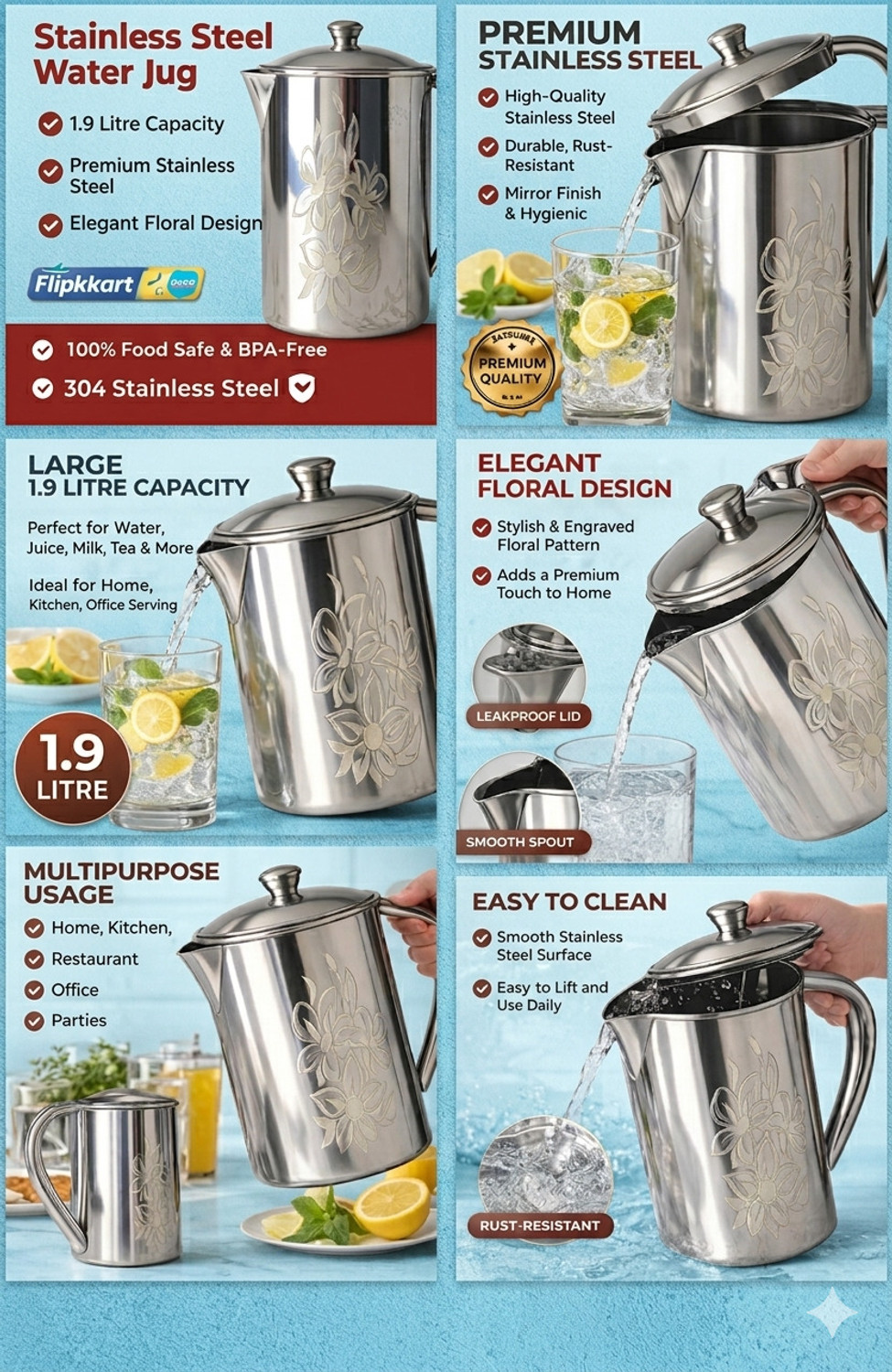 Image of shilpa steel works 1.9 L Stainless Steel Water Jug