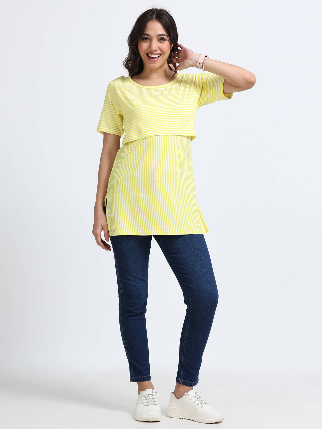 Ajju's Striped Women Round Neck Yellow T-Shirt