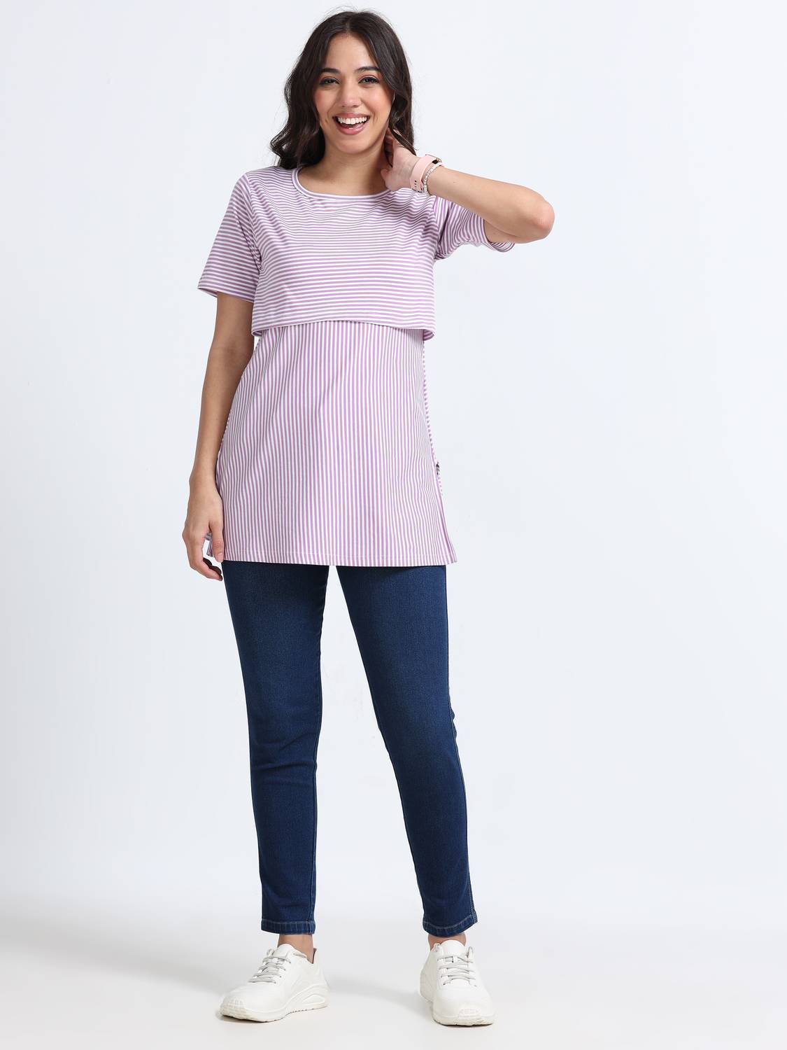 Ajju's Striped Women Round Neck Purple T-Shirt