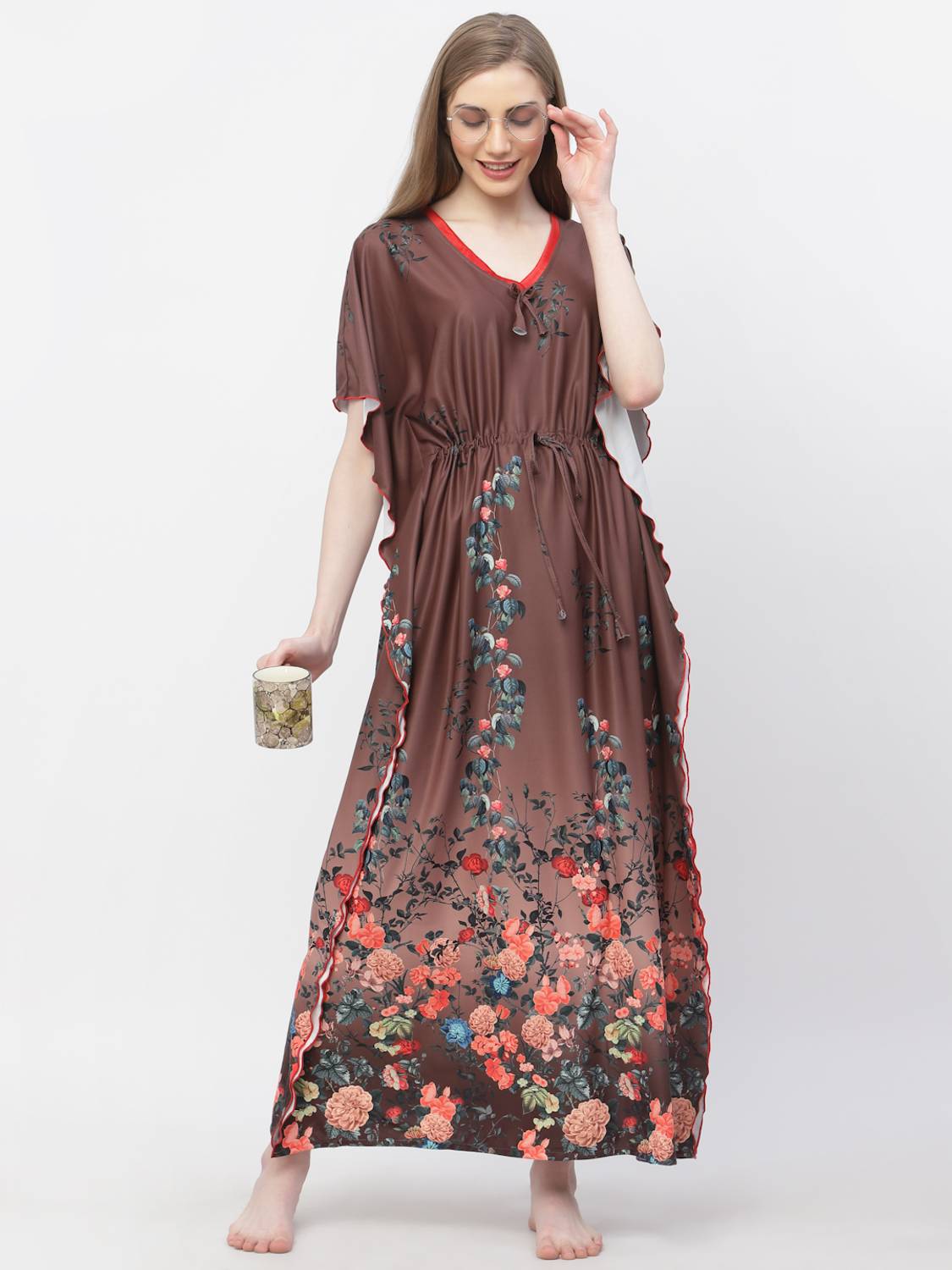 Arrabi Floral Print Satin Blend Women Kaftan