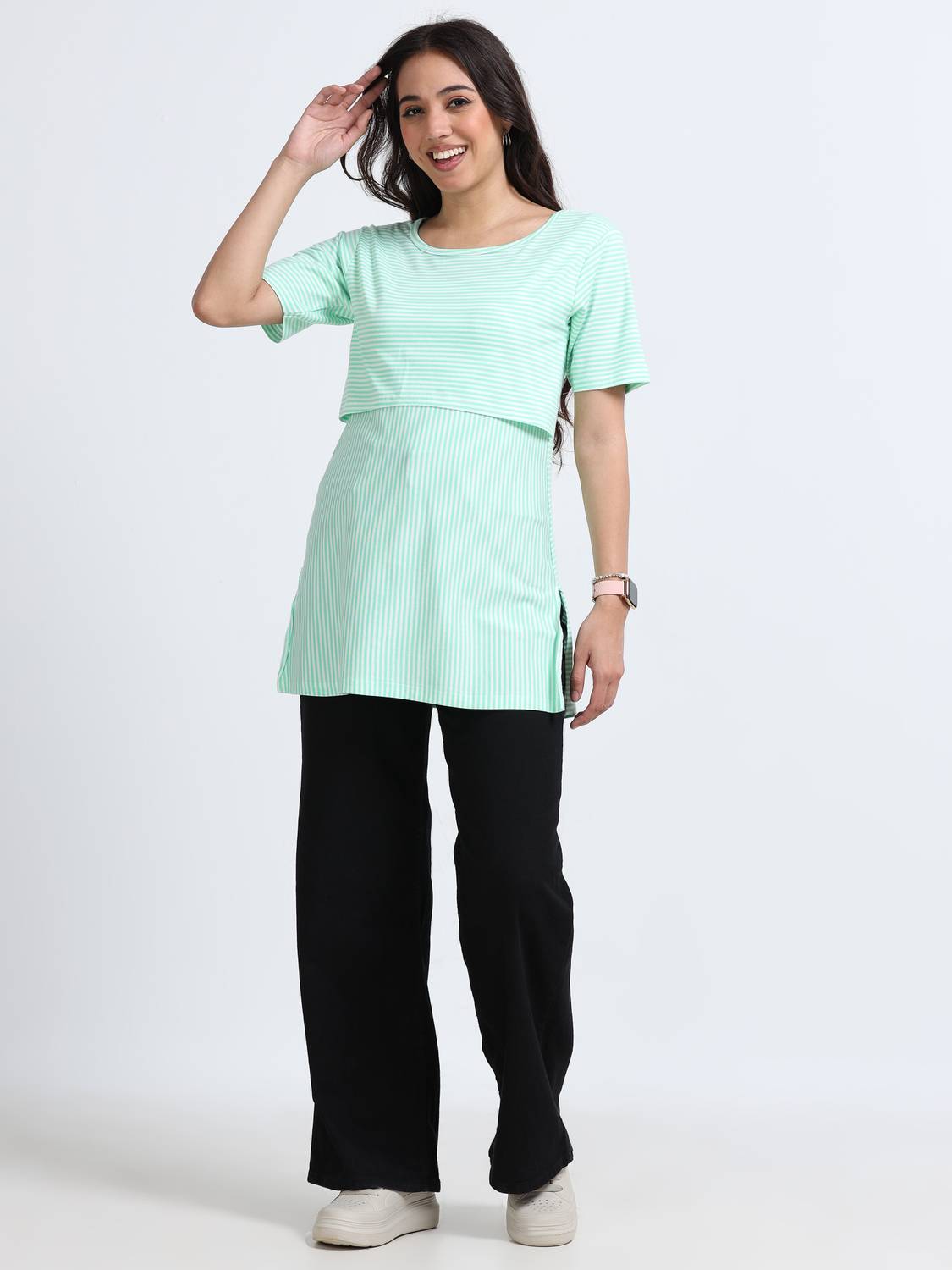 Ajju's Striped Women Round Neck Light Green T-Shirt