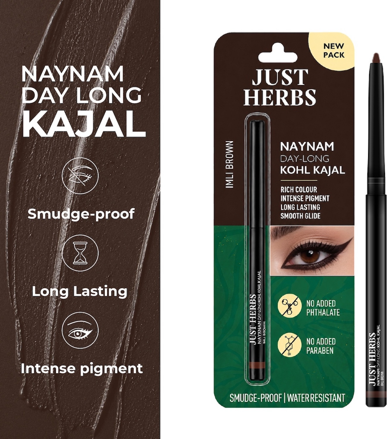 Image of Just Herbs Naynam Day-Long Kohl Kajal Imli Brown | Smudge-Proof & Long-Lasting
