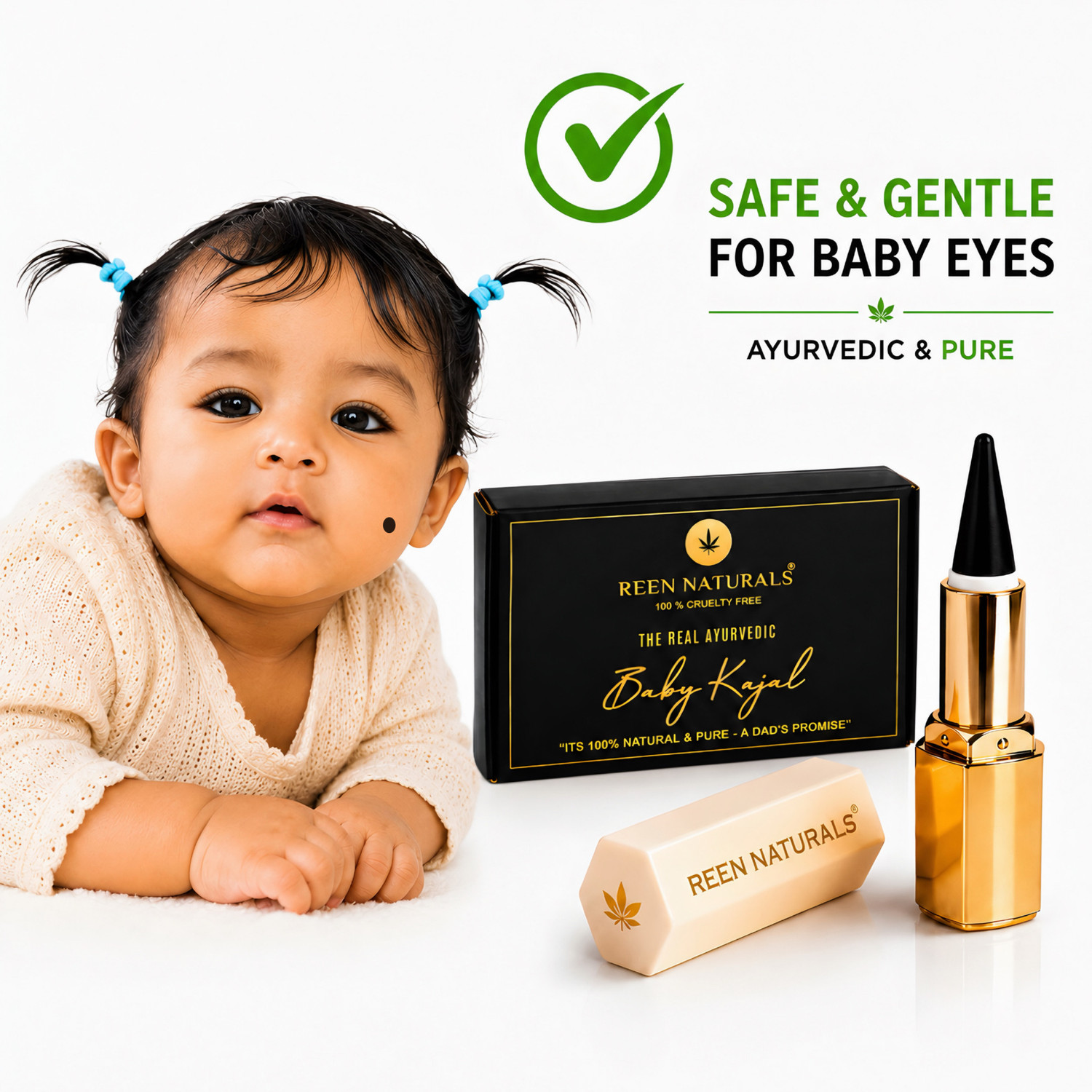 Image of REEN NATURALS 100% Natural Baby Kajal | Ayurvedic Chemical-Free | Eyebrow | Eyeliner | Stick