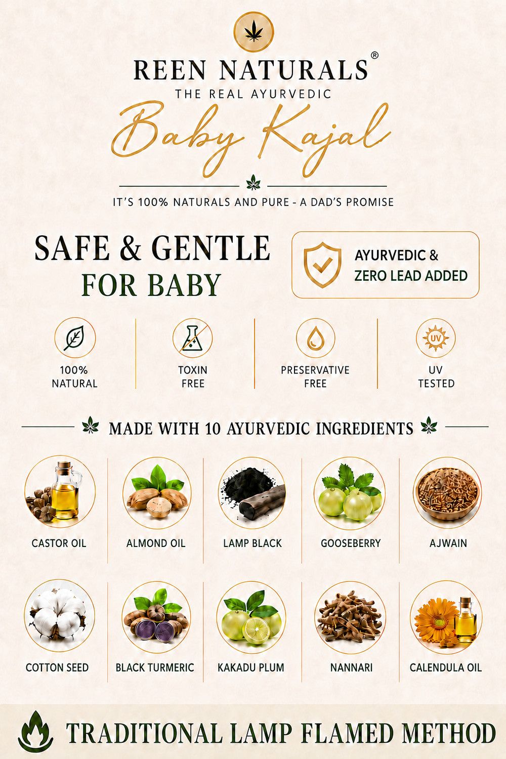 Image of REEN NATURALS 100% Natural Baby Kajal | Ayurvedic Chemical-Free | Eyebrow | Eyeliner | Stick