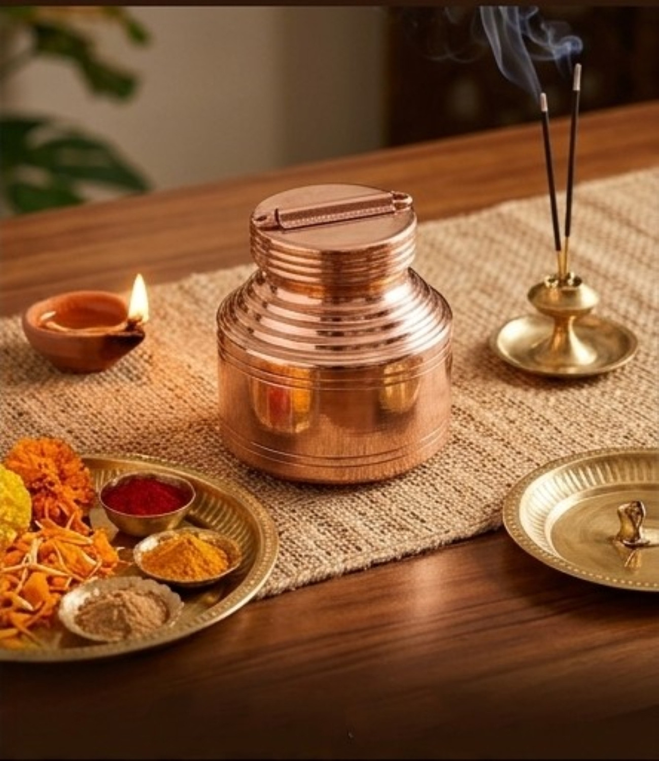 Image of Desi Dhatu Pure Copper Kalash |Lota|Chembu|with Lid for Ganga Jal & Temple Use 500 ML Copper Kalash