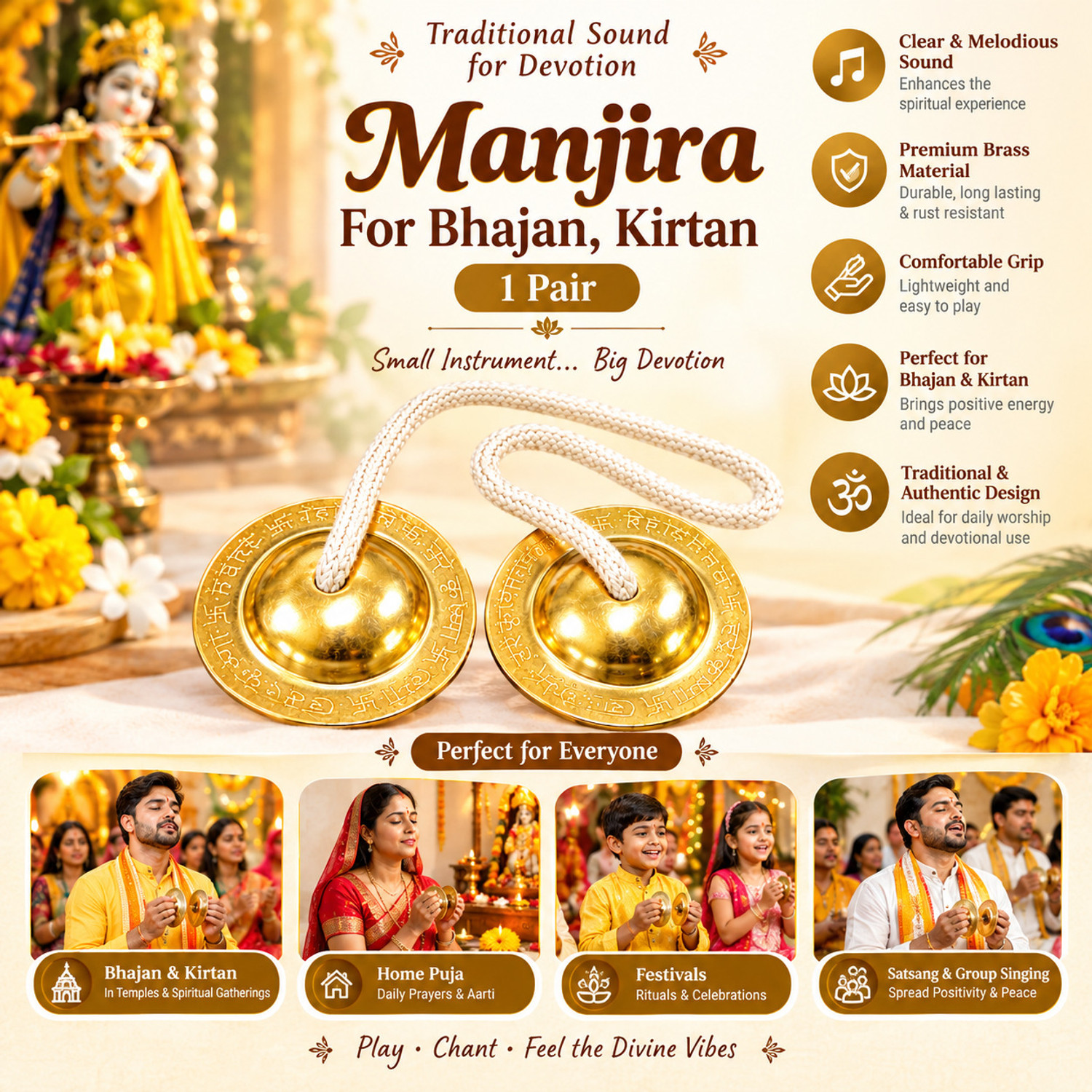 Image of Dev Samagri Manjeera For Pooja Kirtan Worship kartal instrument Hand Cymbals Manjira Pair Kartal Instrument