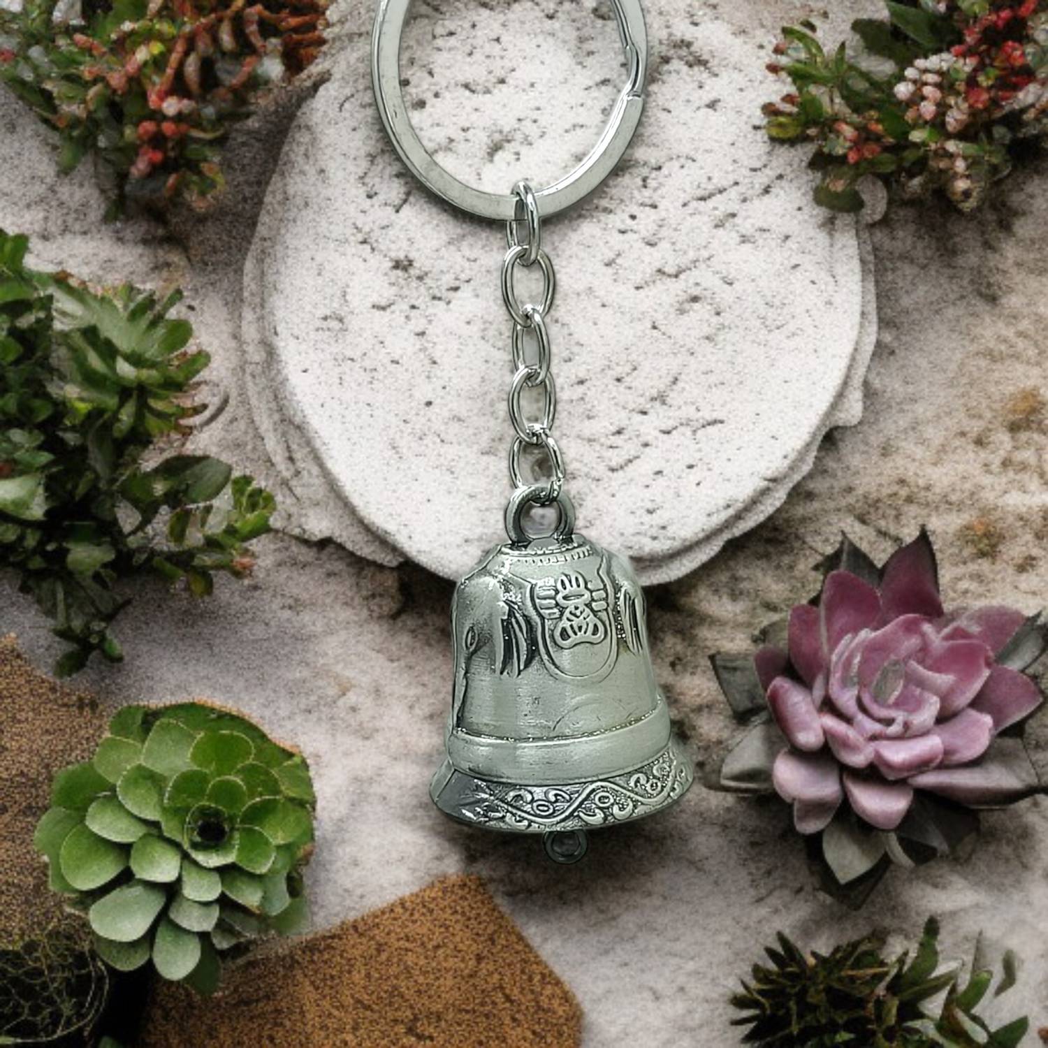 19th July Jewels Guardian Bell Elephant Prayer Wheel Keyring, Metal, Silver, 20g, for Bike Key Chain