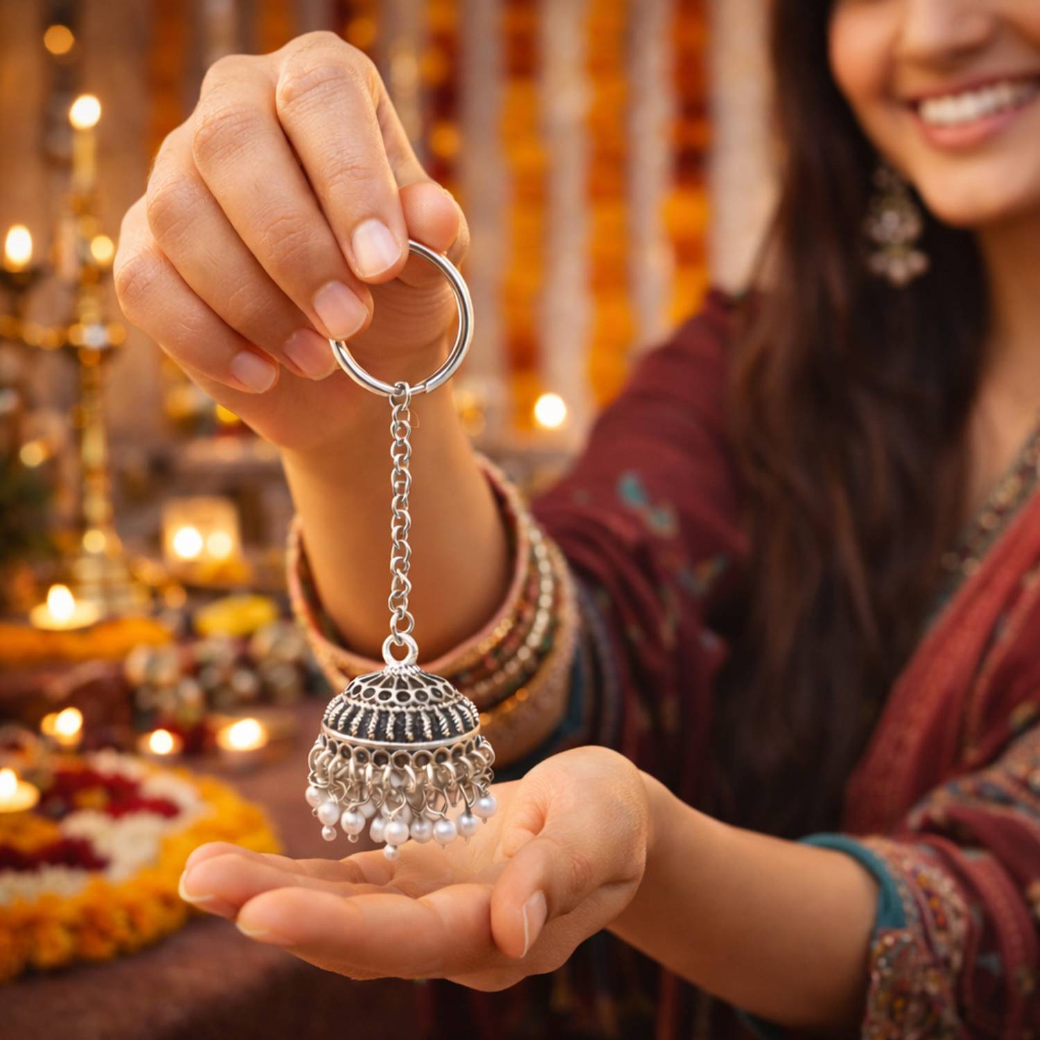 Rangmoti Jhumka Silver Key Chain - Image 2