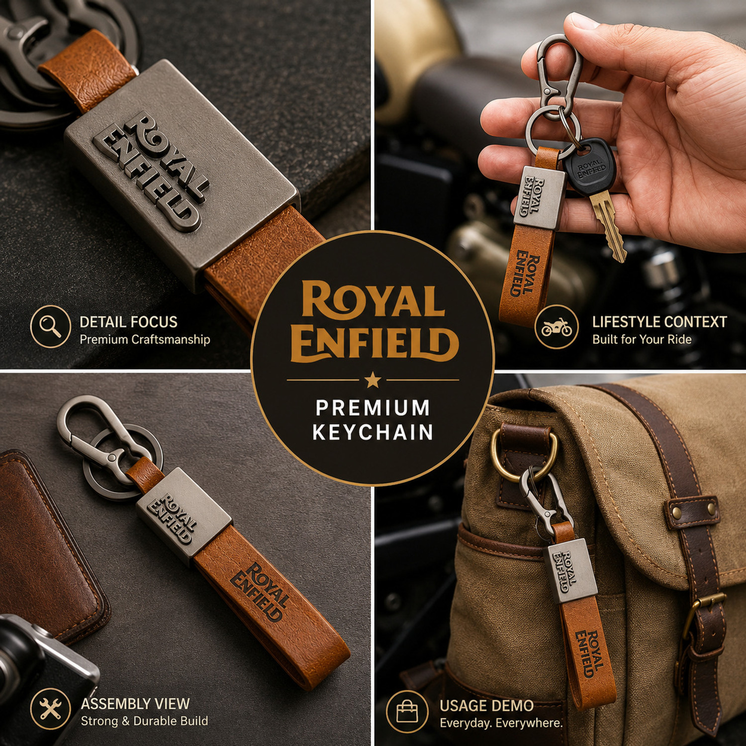 Image of KAVIKJ Royal Enfield Bike Keychain with Leather Strap and Metal Key Ring Key Chain