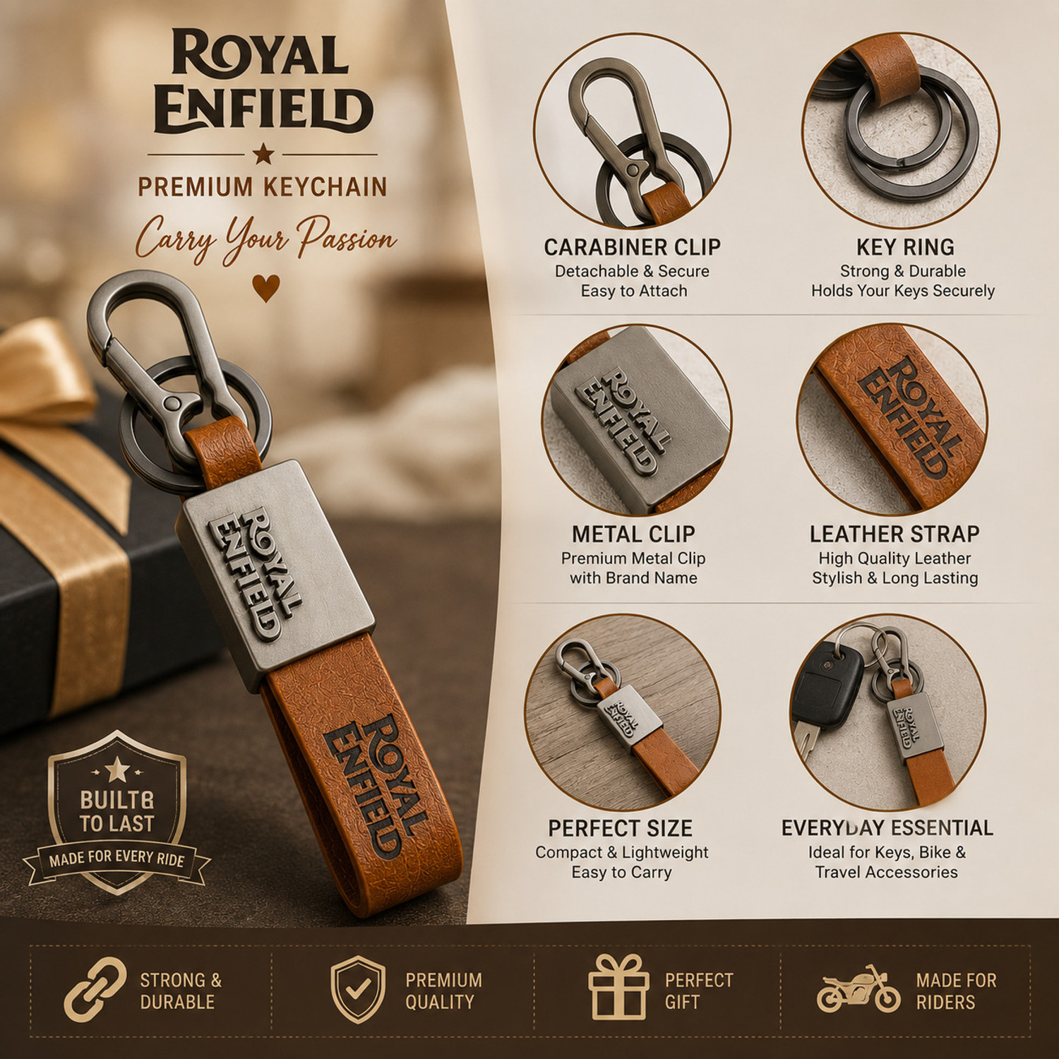 Image of KAVIKJ Royal Enfield Bike Keychain with Leather Strap and Metal Key Ring Key Chain