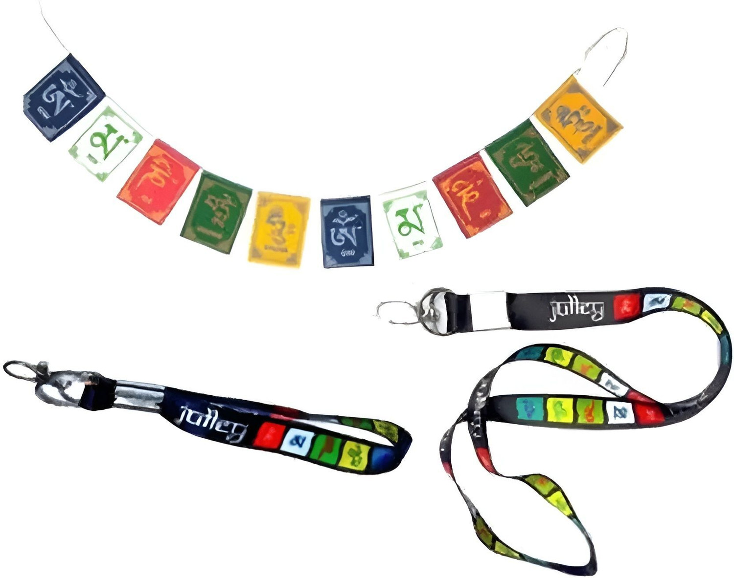 Image of Shining Gift Tibetan Prayer Flag Banner & Lanyard Set, Traditional Buddhist (Combo 3 Pcs Set) Key Chain