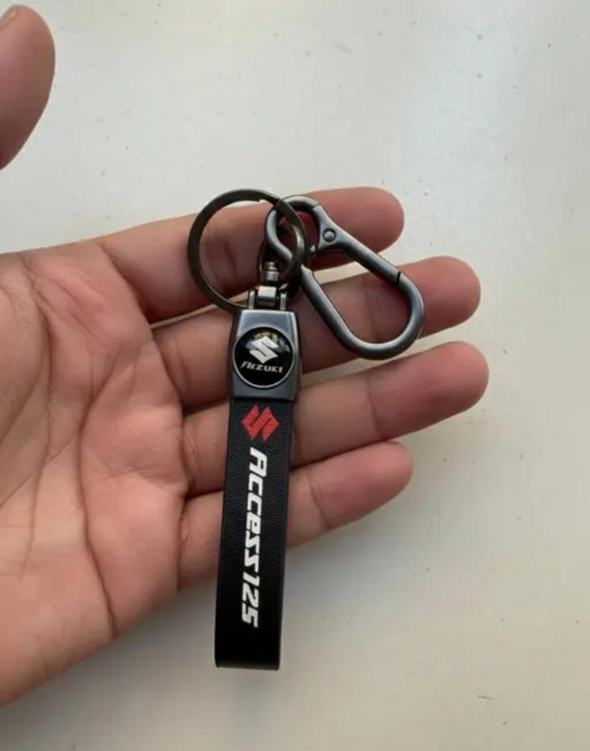 Image of HappierYou Suzuki Access 125 Keychain with Logo, Black Leather Strap, Metal Key Ring Key Chain