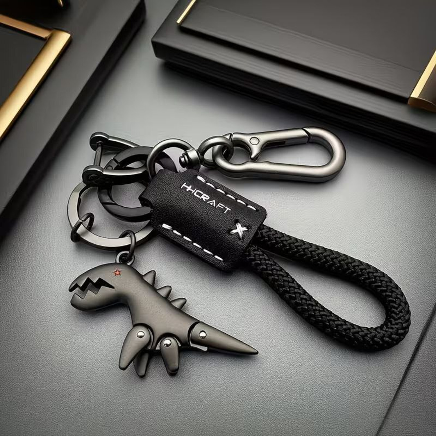 Image of KB CREATION Keychains Dinosaur Aluminum Alloy Charm Paired with a Hand-Woven Bracelet Key Chain