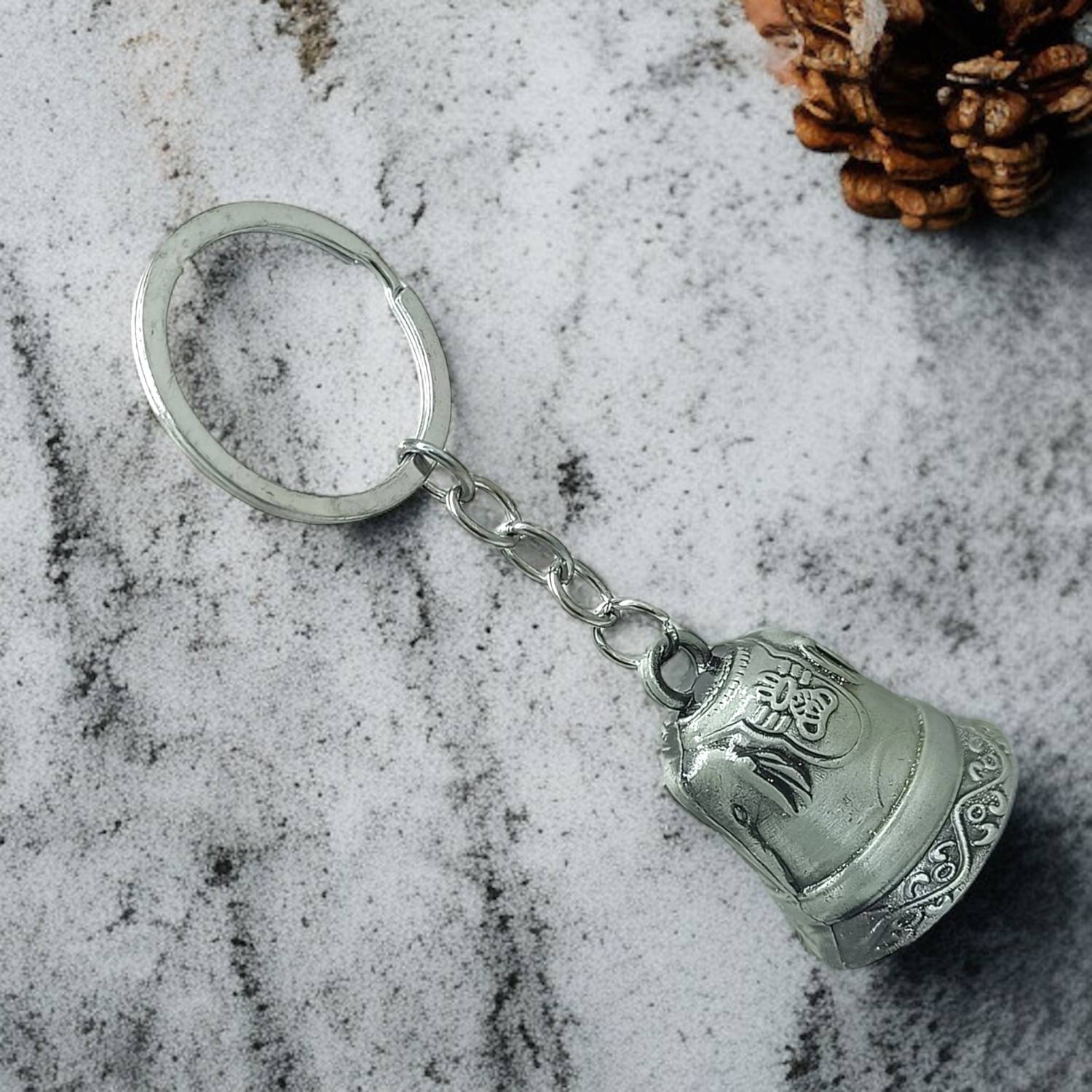 ADF Guardian Bell Elephant Prayer Wheel Keyring, Silver, 20g, Good Luck Charm Key Chain