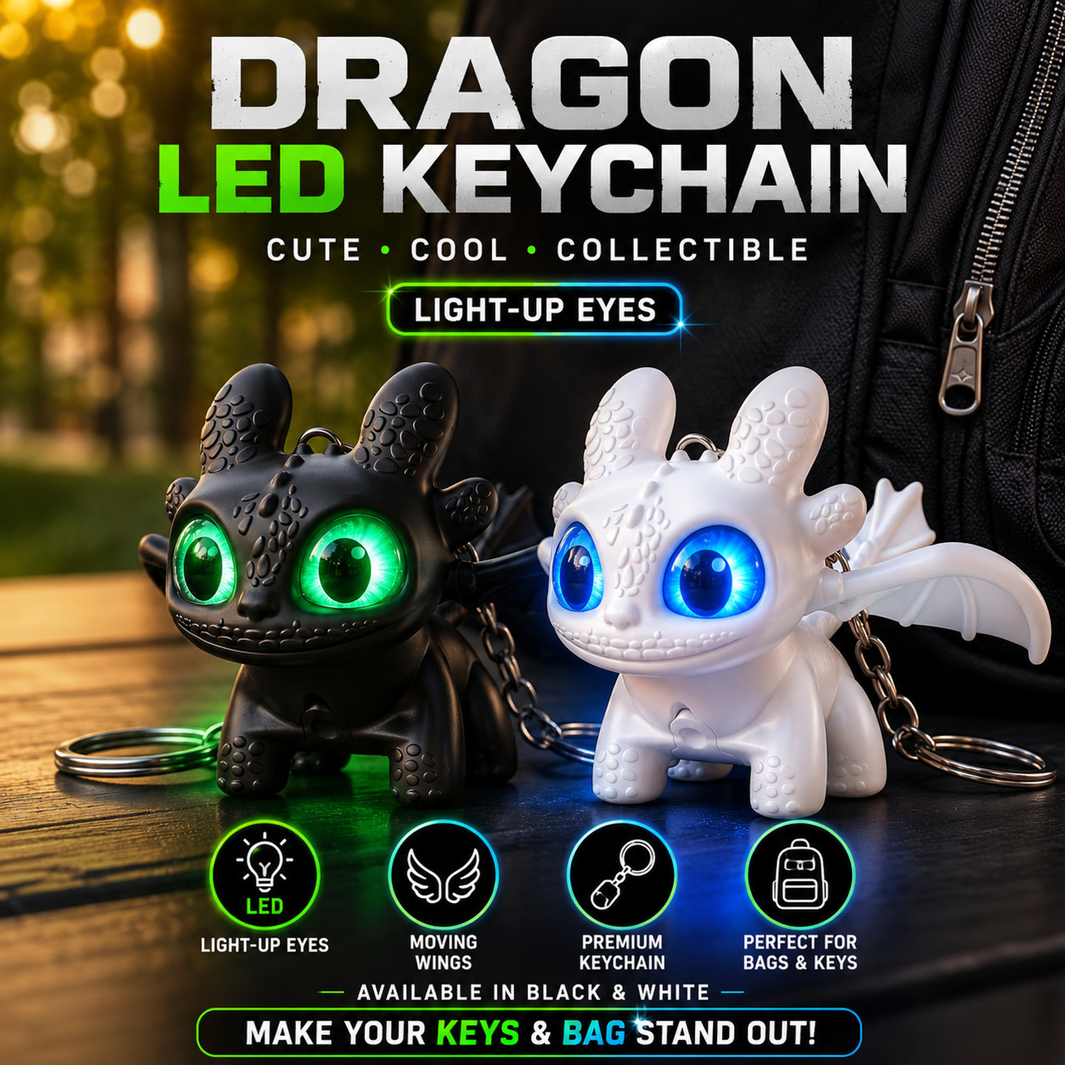 Image of Printingg Nova Dragon Keychain Toy with Moving Wings & Light-Up Eye, Animated Pack of 2 Key Chain