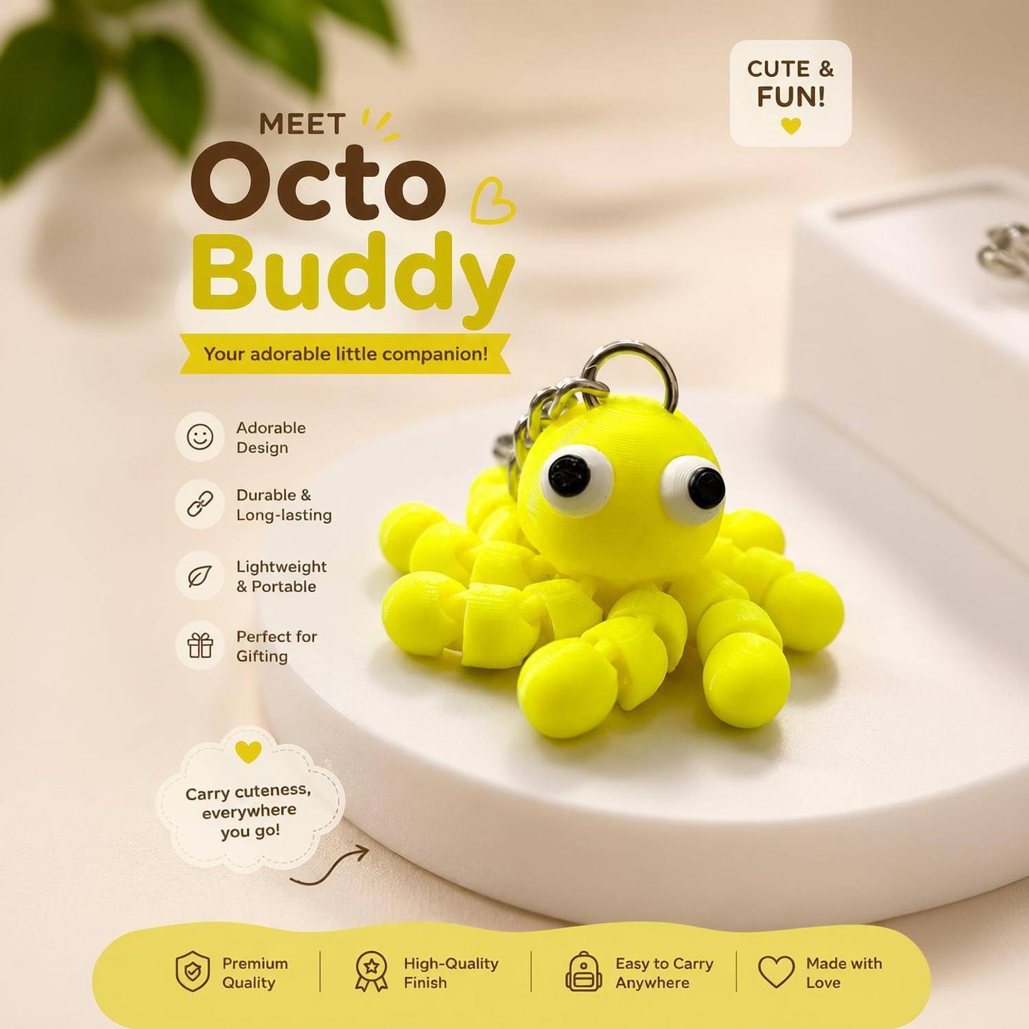 AVCW Cute Yellow Octopus Keychain | Flexible 3D Printed Mini Octopus Key Chain