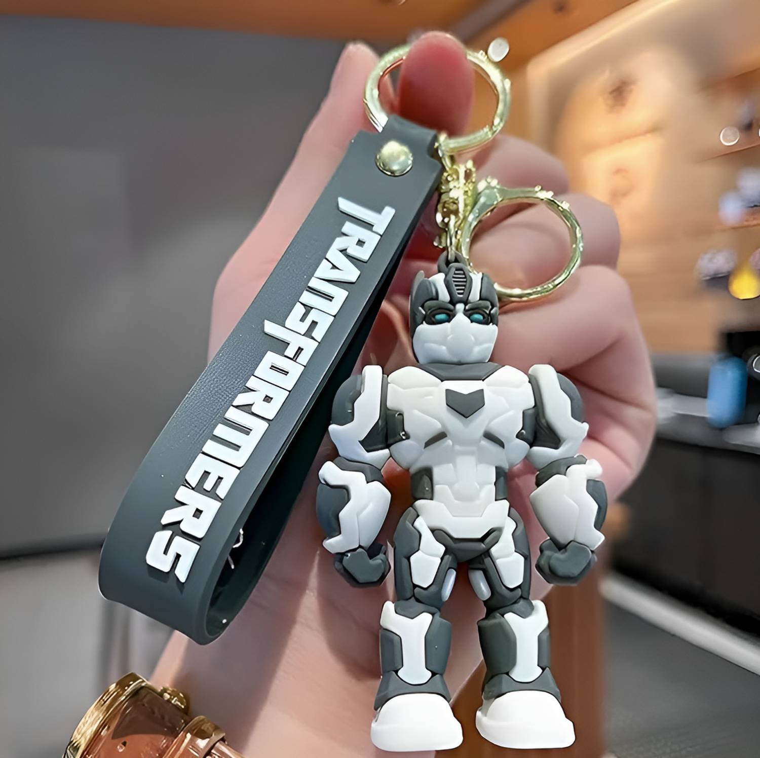 EcoGrip Transformer Robot 3D Rubber Keychains White Streak Keyring & Quirky Bag Key Chain