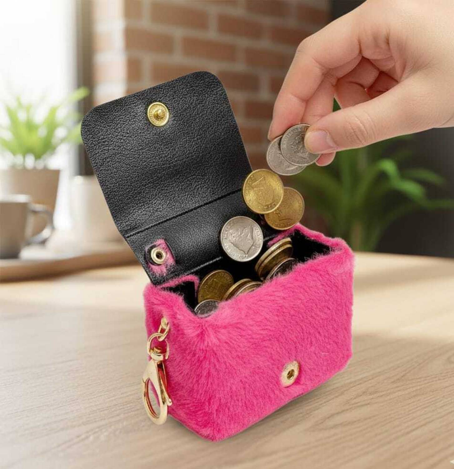 AMANVANI Cute Furry Mini Coin Purse Keychain for Girls & Women