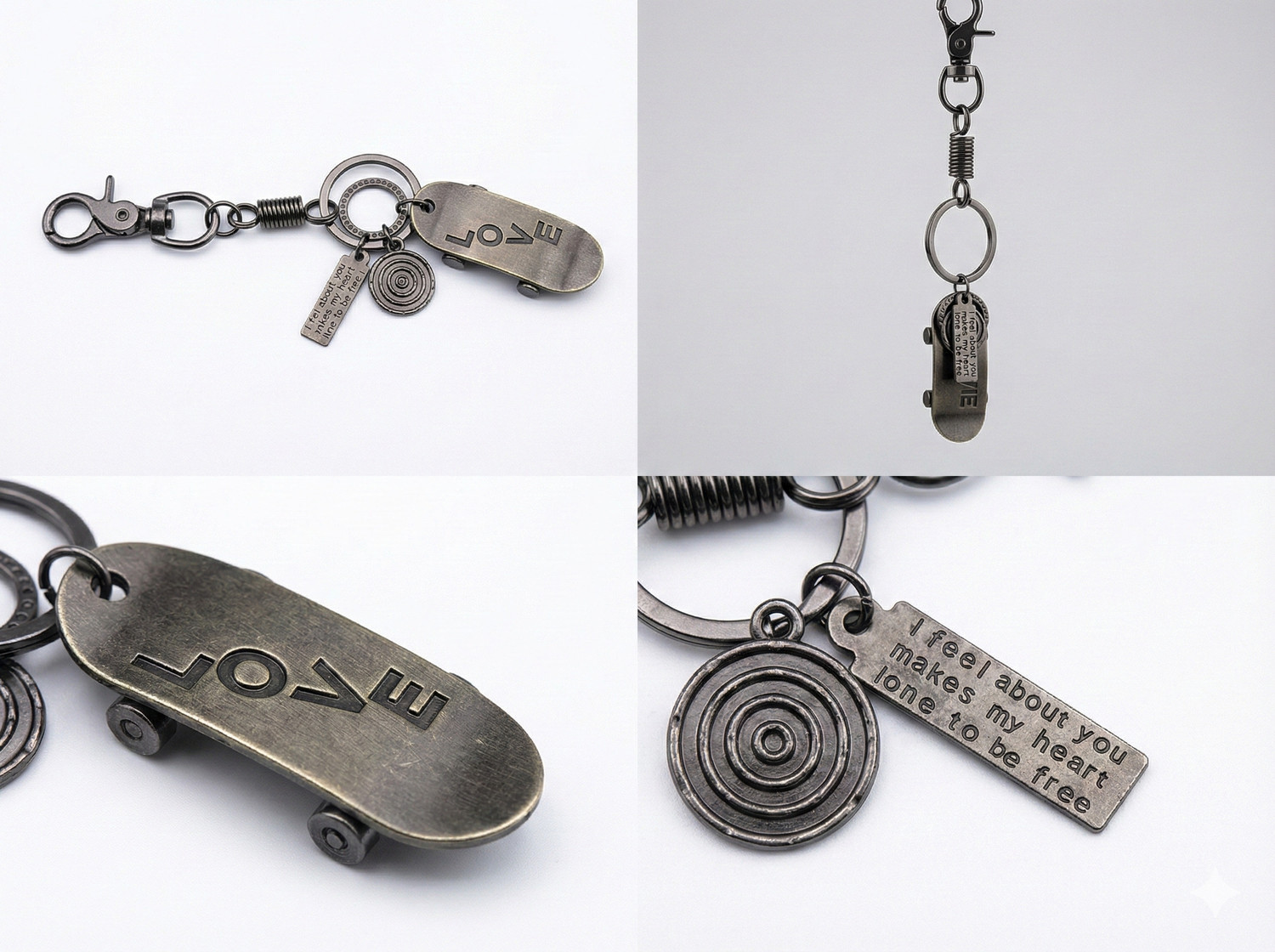 Image of Hazee and Harry Gunmetal LOVE Skateboard Keychain with Quote & Spiral Charms Key Chain