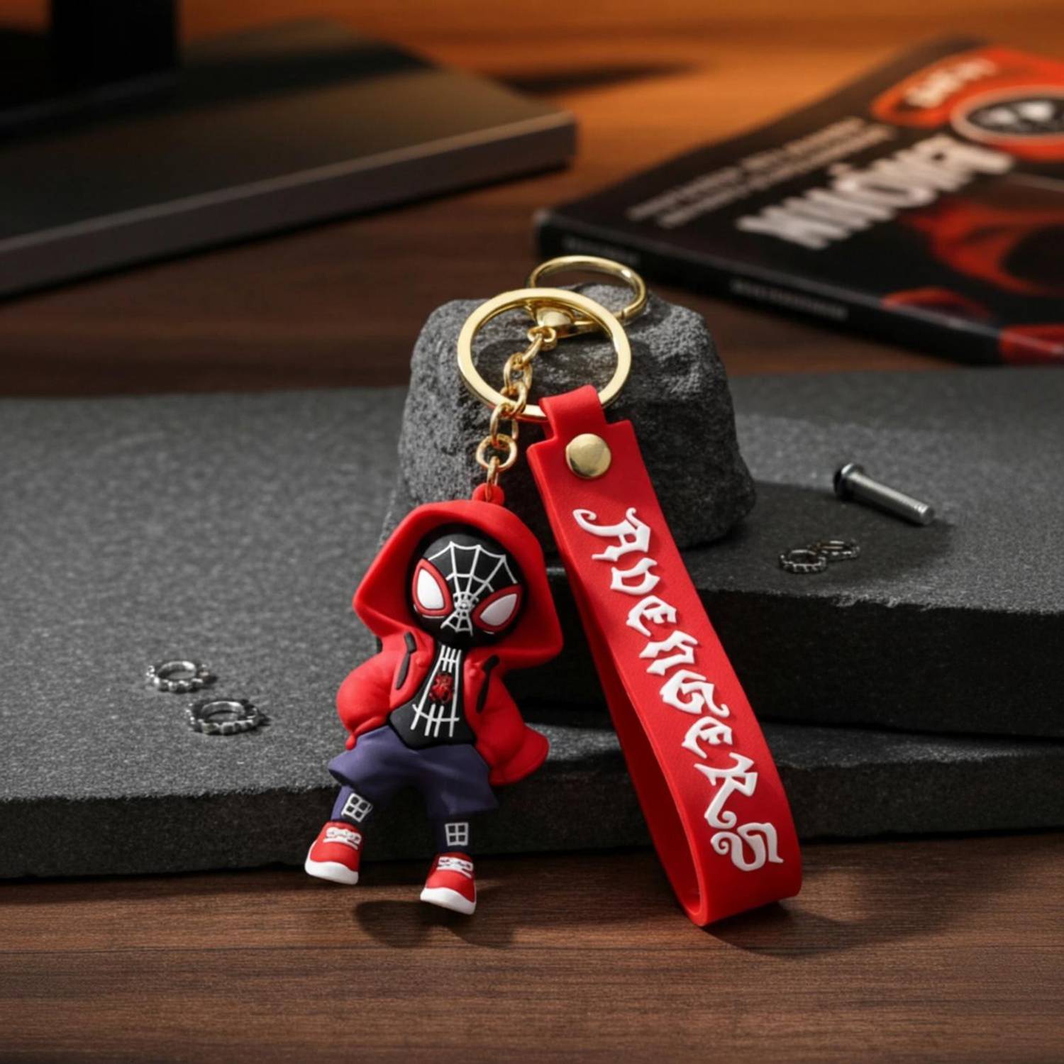 Actino Miles Morales Spider-Man 3D Silicon Keychain with Wrist Strap & Hook for Keys Key Chain