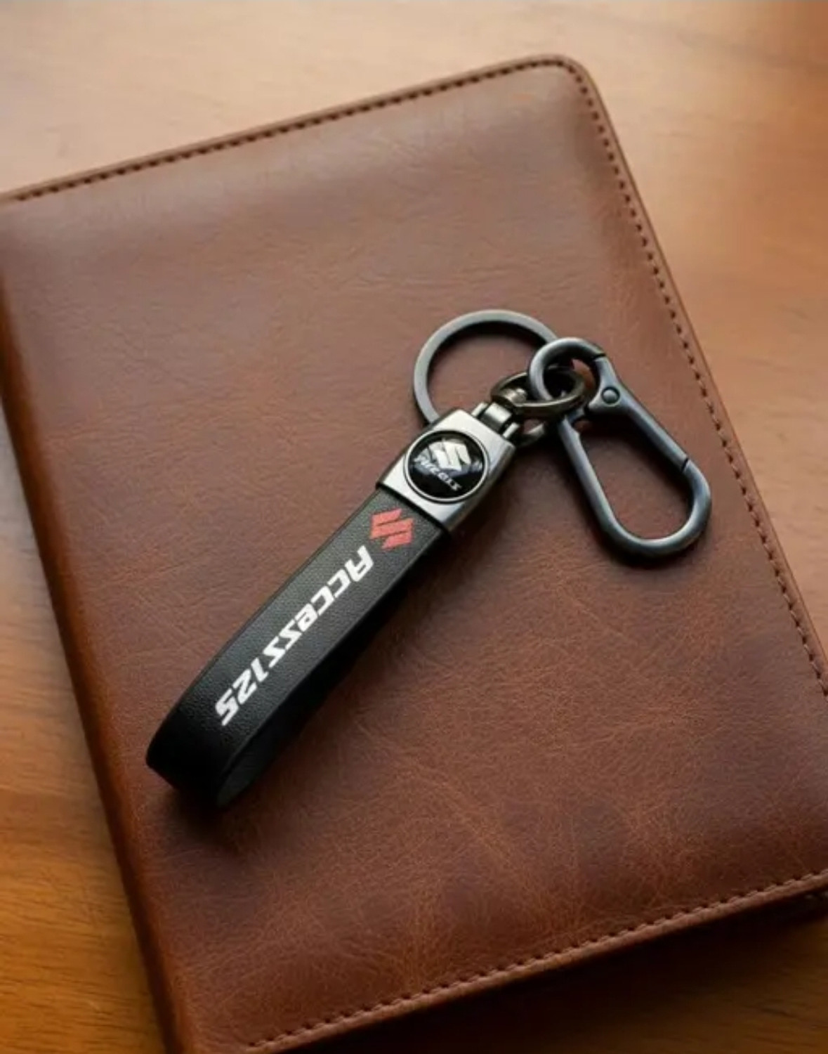 Image of HappierYou Suzuki Access 125 Keychain with Logo, Black Leather Strap, Metal Key Ring Key Chain