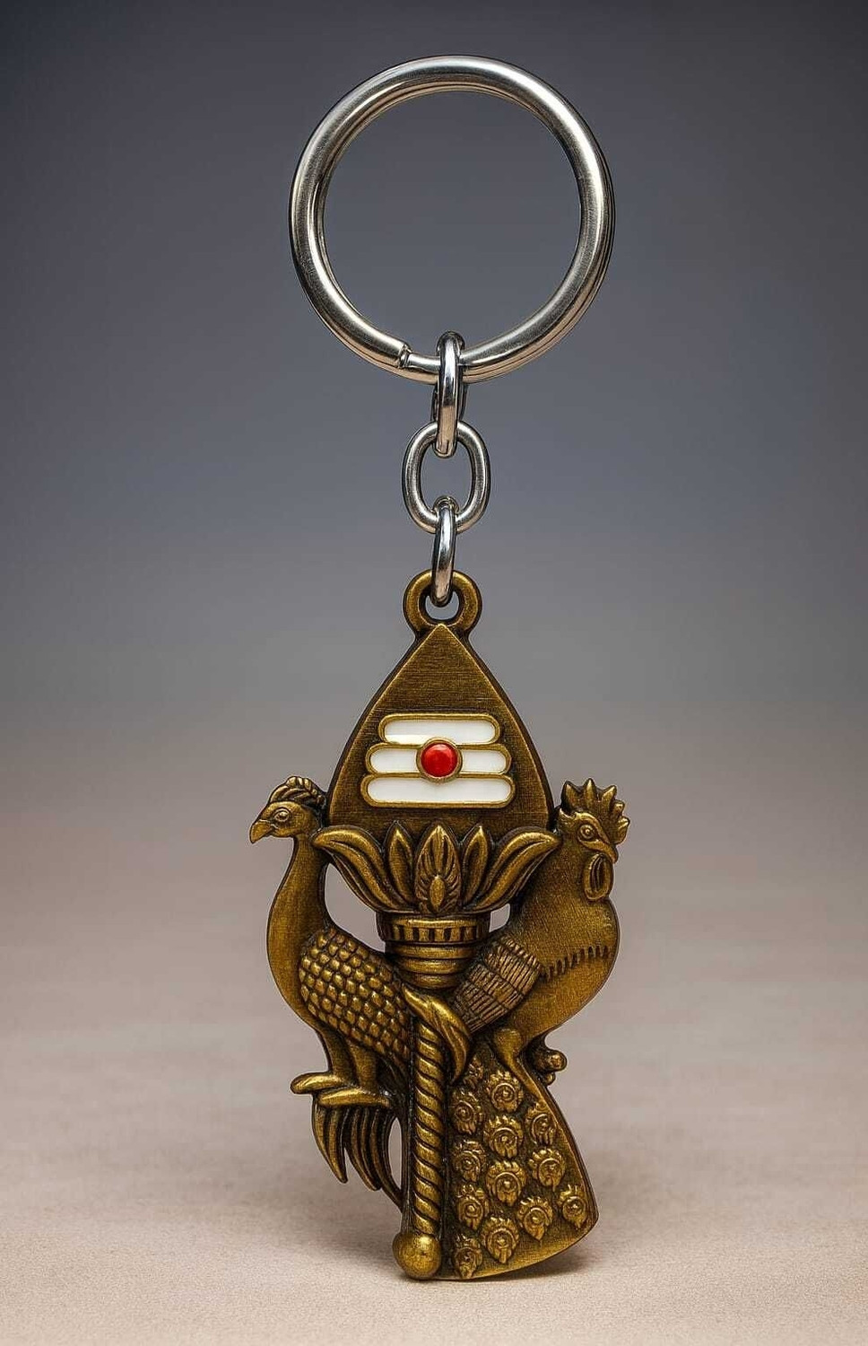 Image of TRENDiQ Premium Lord Murugan Vel Keychain | Divine Peacock & Rooster Brass Keyring 07 Key Chain