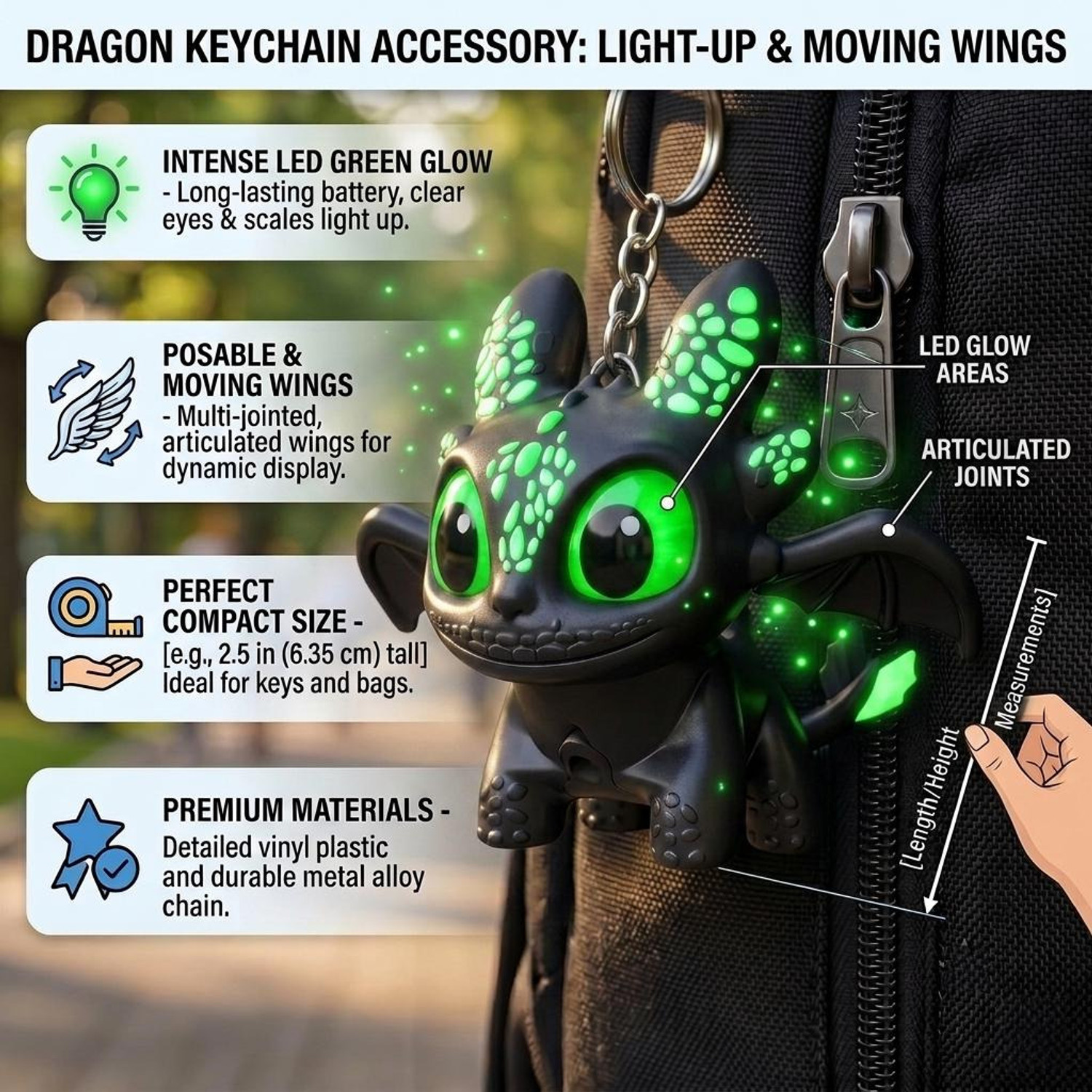 Image of Printingg Nova Dragon Keychain Toy with Moving Wings & Light-Up Eye, Animated Pack of 2 Key Chain