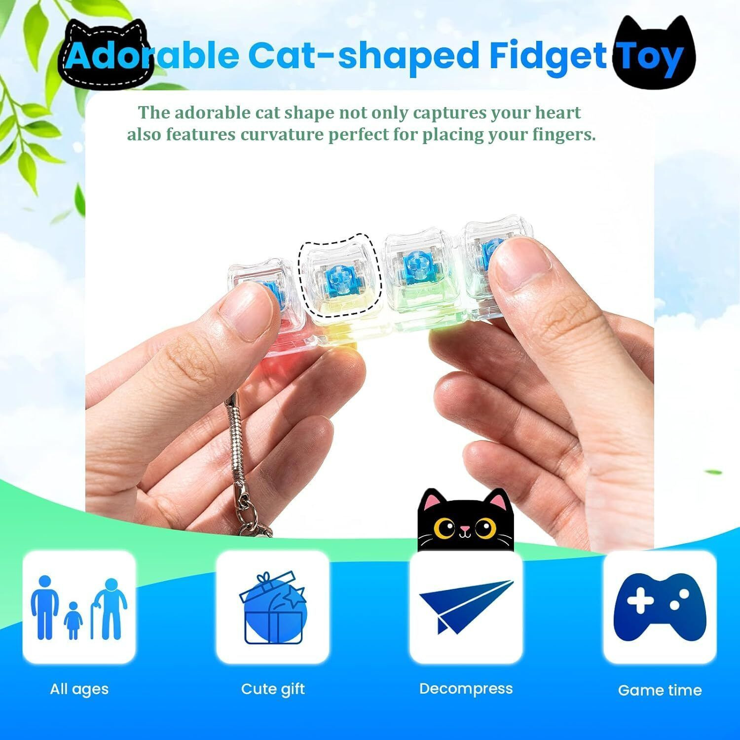Image of FIORENSE Keyboard Fidget Toy for Adults with LED Light | Cat Shape Clicker Keyboard Key Chain