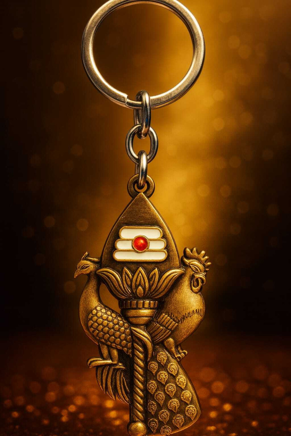 Image of TRENDiQ Premium Lord Murugan Vel Keychain | Divine Peacock & Rooster Brass Keyring 07 Key Chain