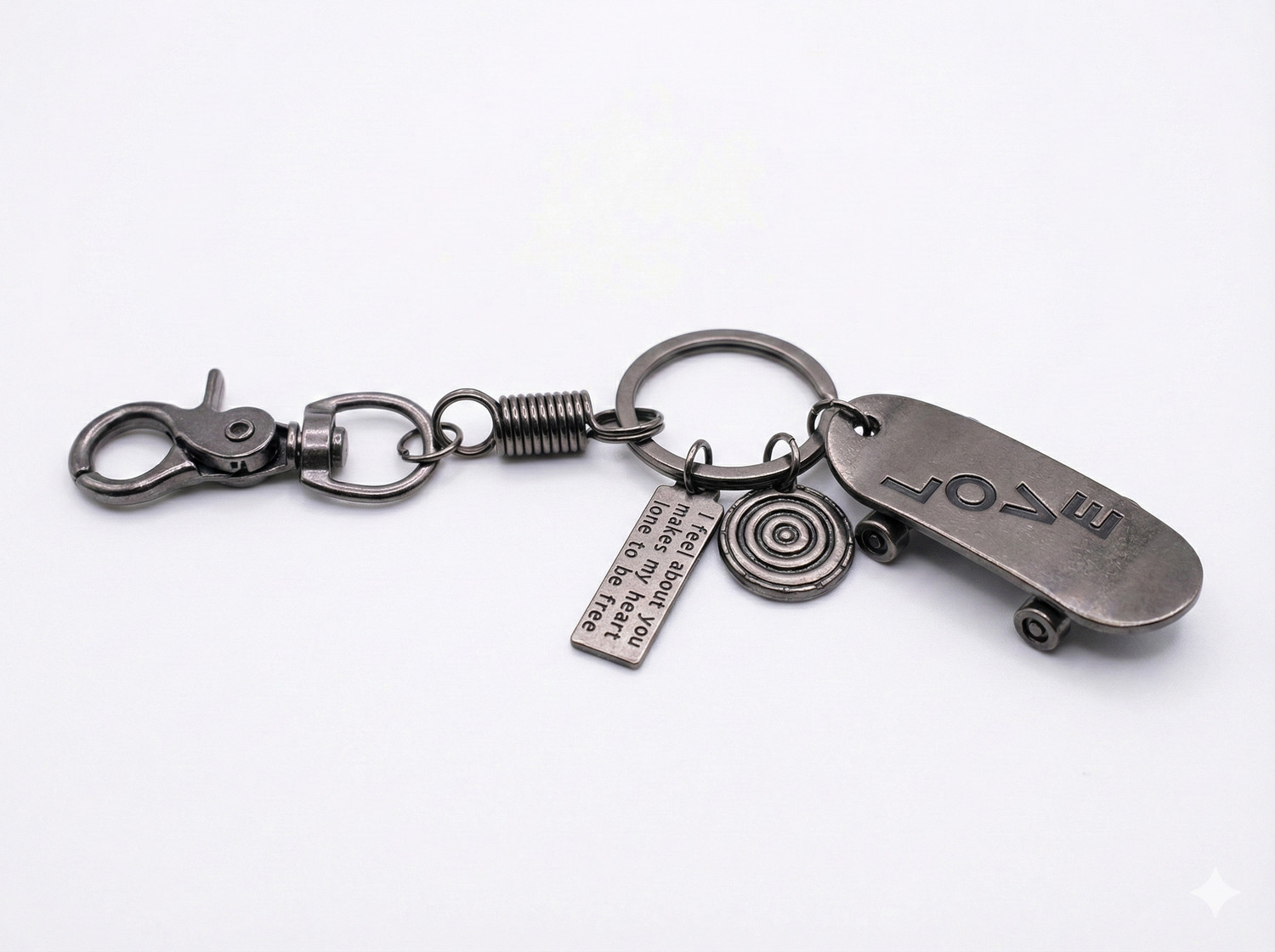 Image of Hazee and Harry Gunmetal LOVE Skateboard Keychain with Quote & Spiral Charms Key Chain