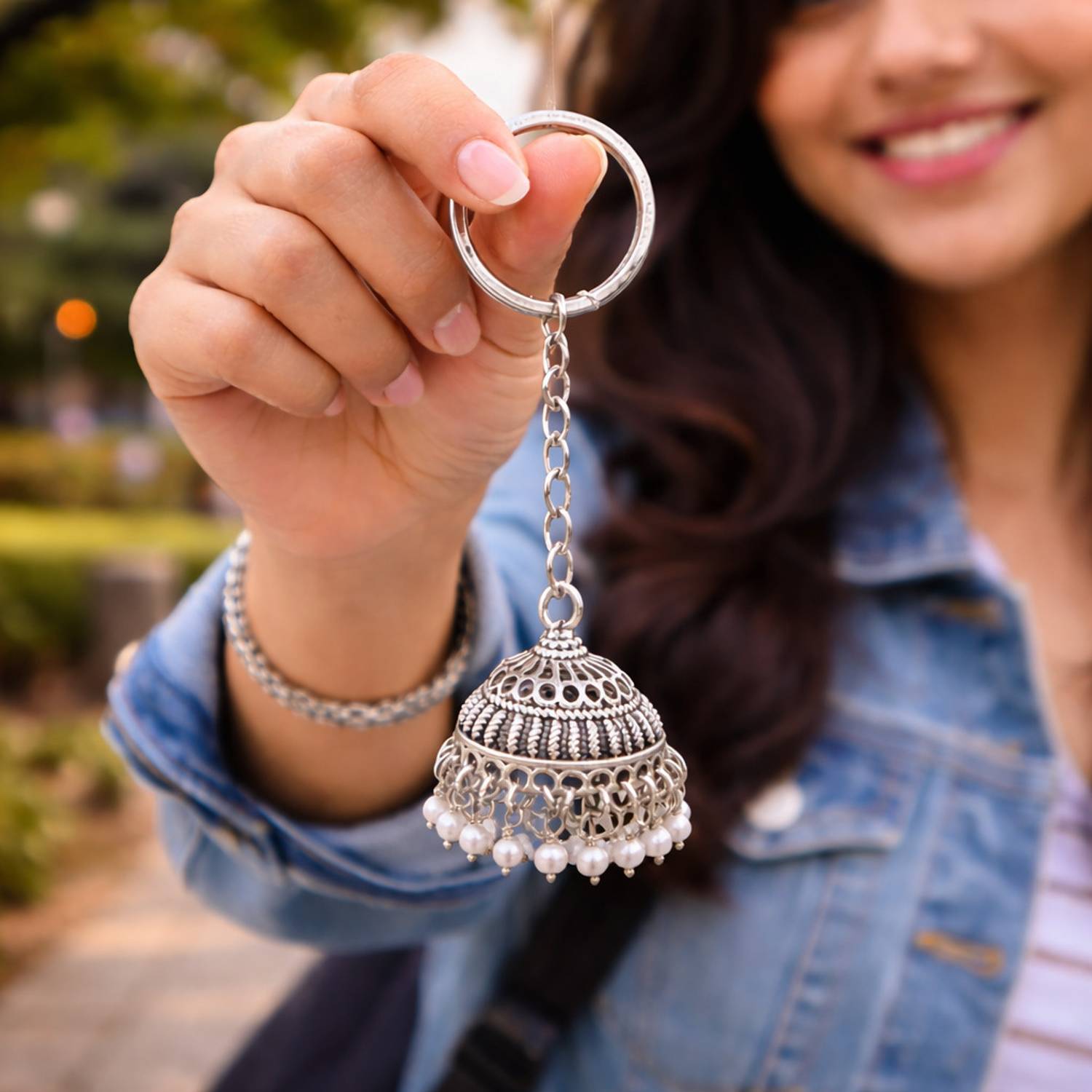 Rangmoti Jhumka Silver Key Chain - Image 1