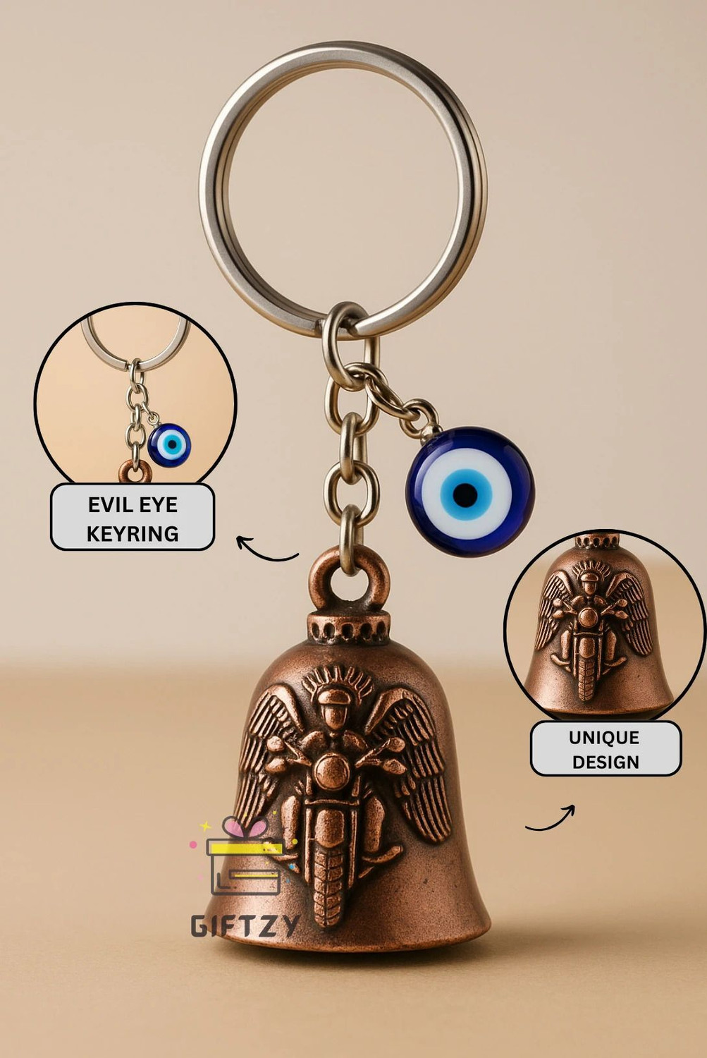 Image of Giftzy Evil Eye Guardian Bell bike keyring luck charm ghanti for gifting boys girls Key Chain