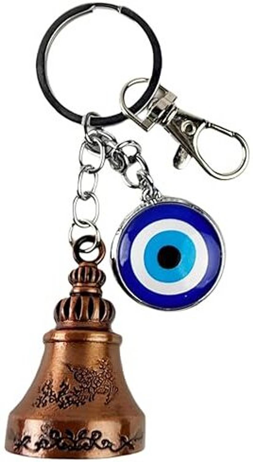 Bodytech Guardian Belll KeyChain Temple Bell with Evil Eye & Black Hook Keyring Key Chain