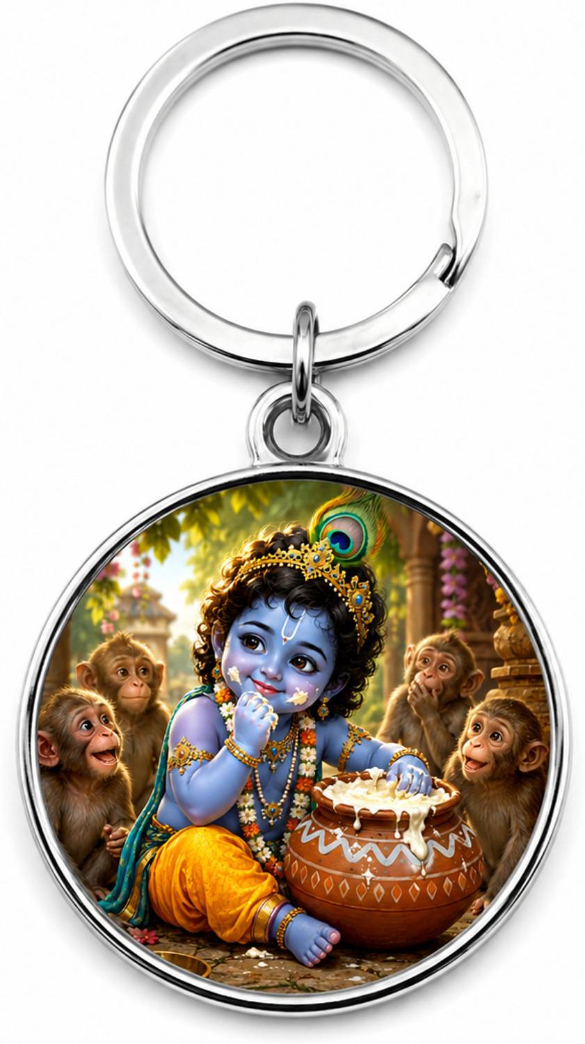 INKVISTAAR Baby Krishna Keychain with Butter Pot | Double-Sided HD Print | Round Metal Key Chain