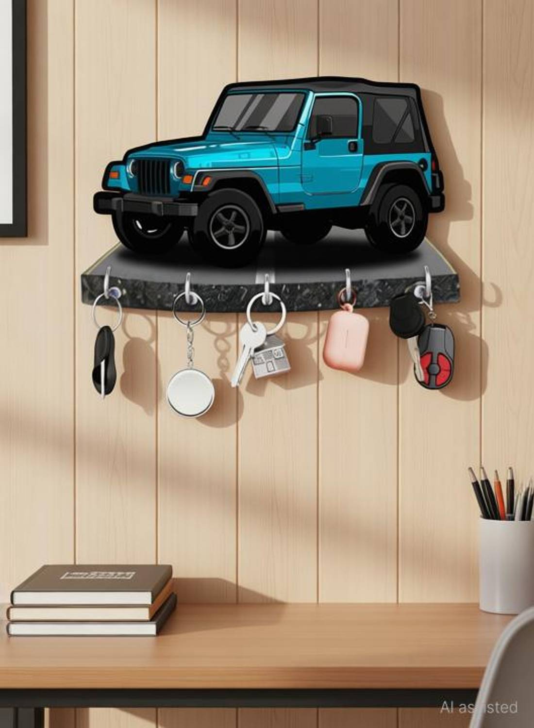 Arpita Crafts Blue Car Printed Key Holder For Home And Office Decor Wood Key Holder