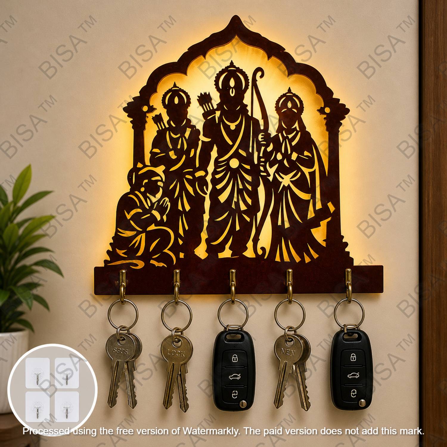 bisa Ram Darbar Glow Style Wall Decor 6×8 Inch Multi-Use 4 Adhesive Hooks Pack Of 2 Wood Key Holder