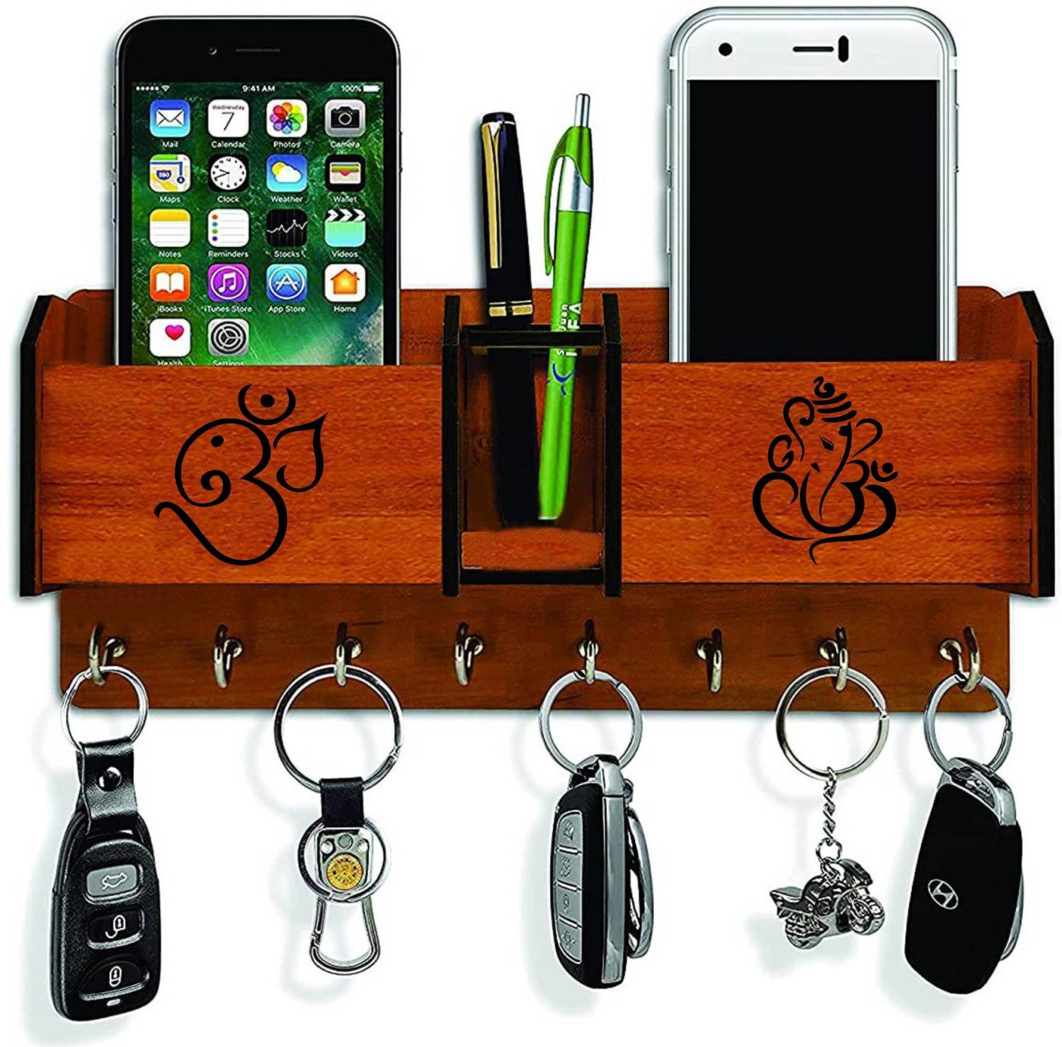 AAYOG CREATIONS Om Ganesh Key Hanger And 2 Poket Wood Key Holder (8 Hooks, Brown) Wood Key Holder