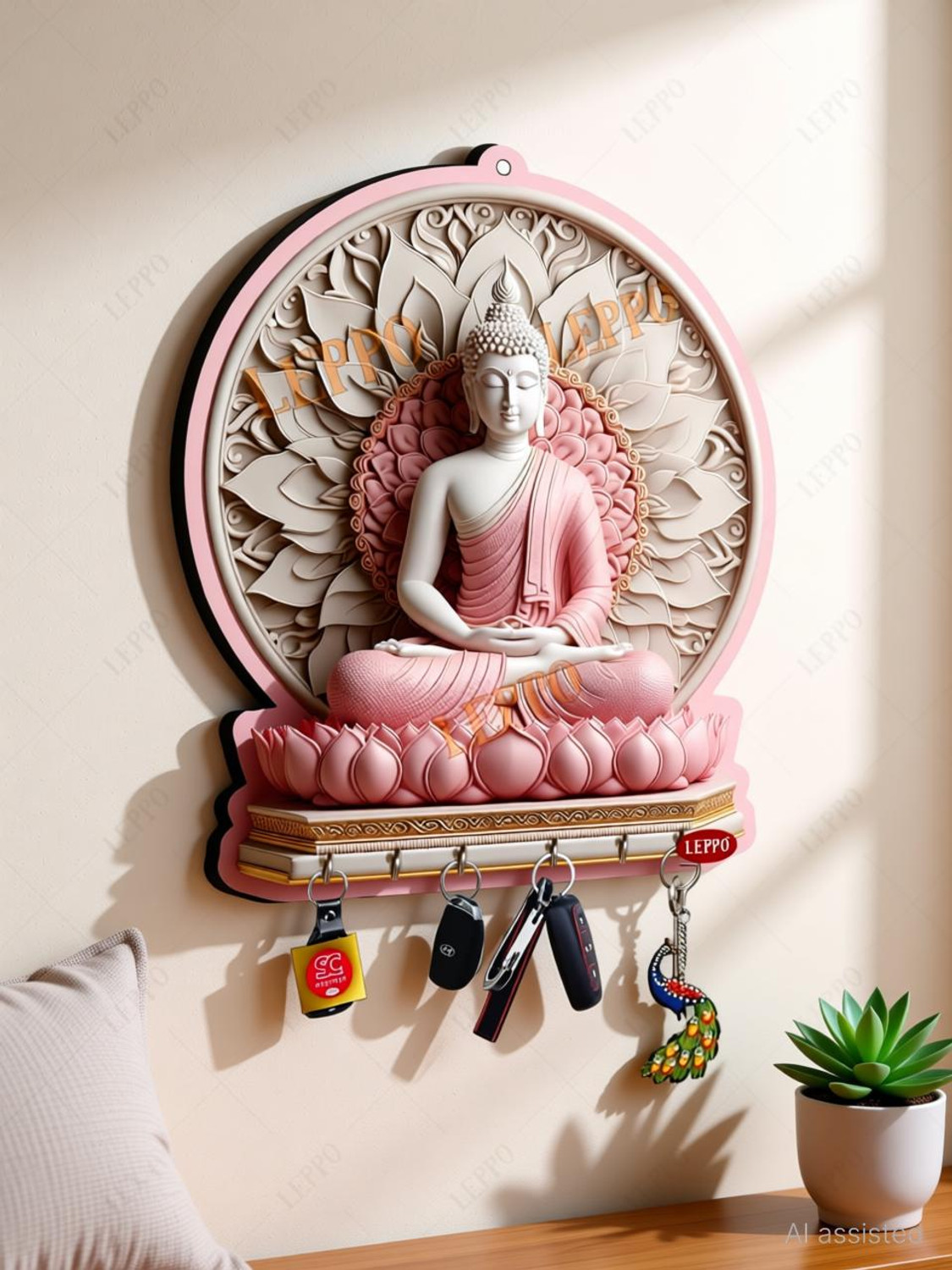 Image of LEPPO Buddha Key holder for living room wall decor Key stand key hanger Home decor Wood Key Holder (6 Hooks, Multicolor)