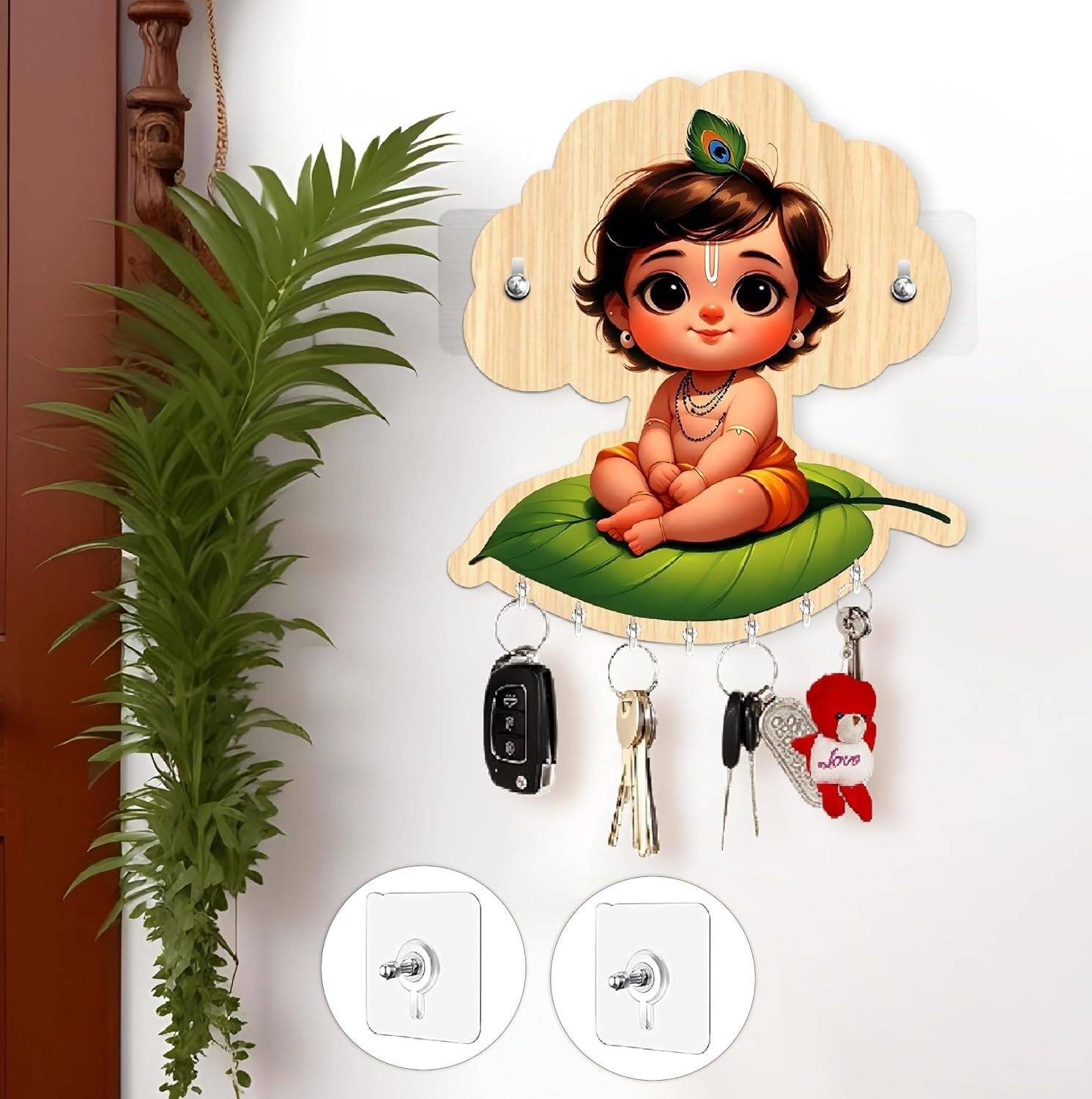 Krishna Crafts Baby Krishna MDF Wood Key Holder | Decorative Wall Hanging Key Stand for Home Wood Key Holder
