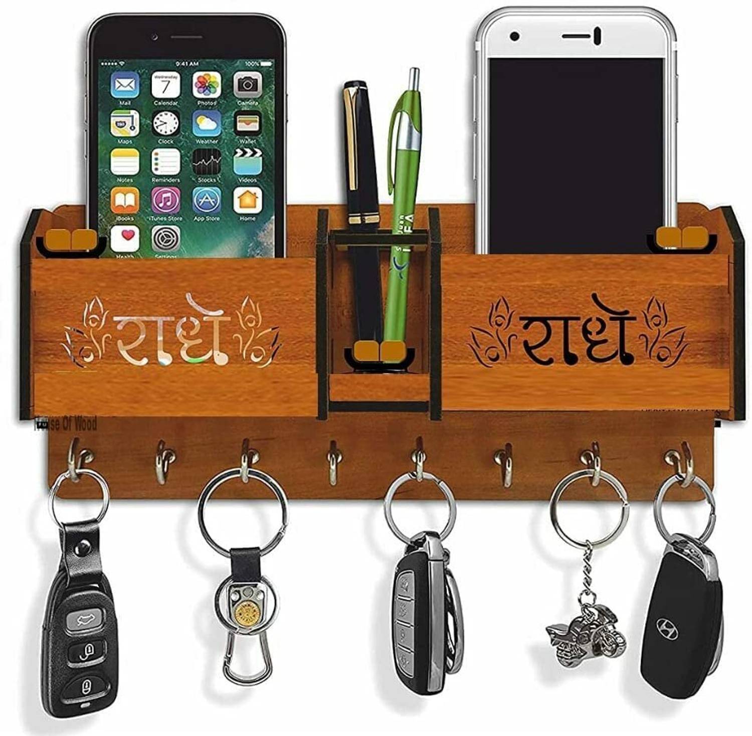 AuraZen Wall Mounted Designer Key Holders for Decor Stylish Hook Stand (RADHE-RADHE) Wood Key Holder