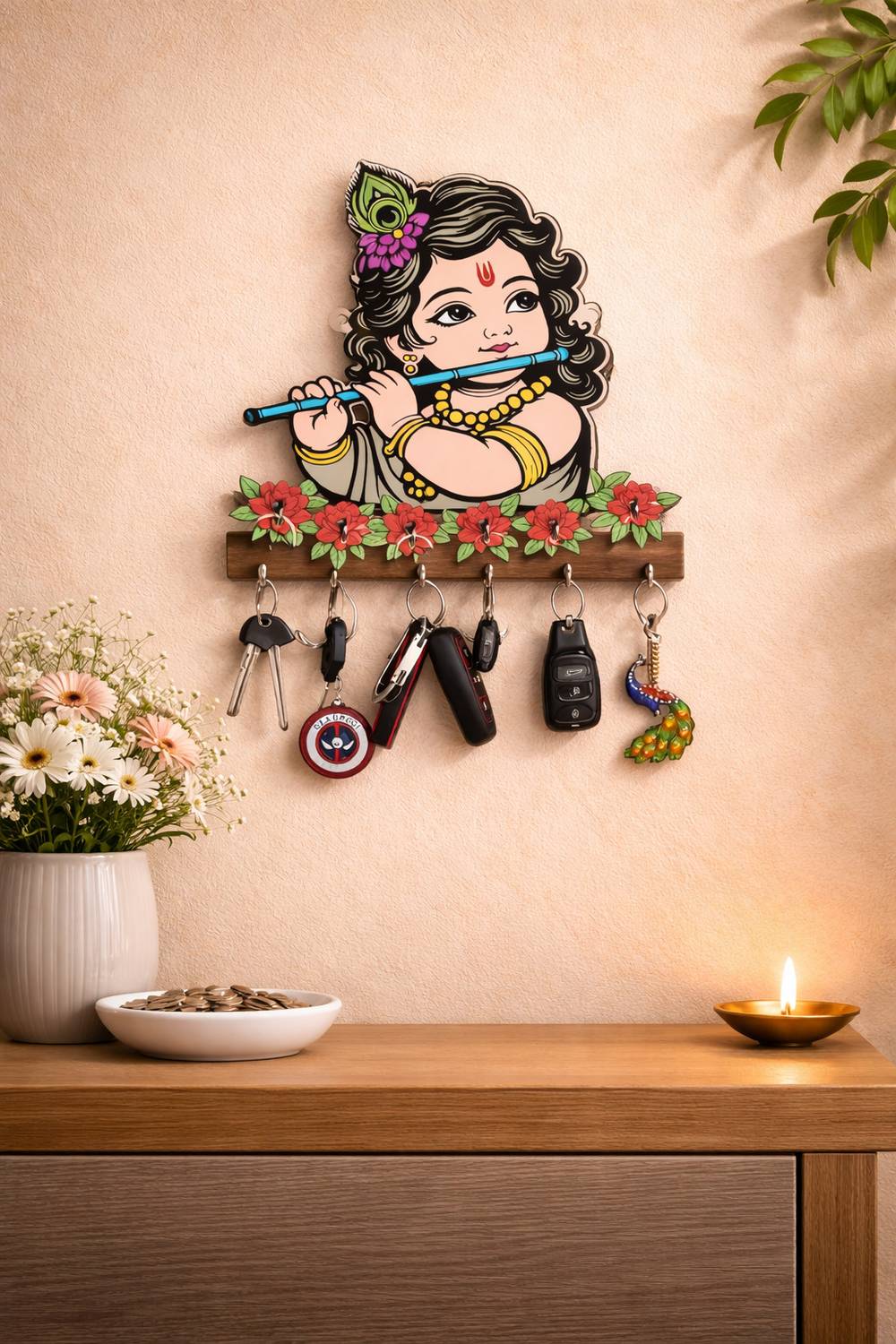 CAPIO ART Designer /Premium/Aesthtic UV Printed Kanha /Krishna Home And Office Decor Wood Key Holder