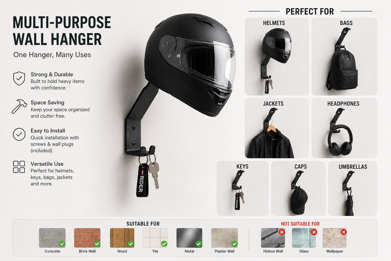 Image of MOXZILLA Helmet Wall Holder Metal with Iron Key Holder