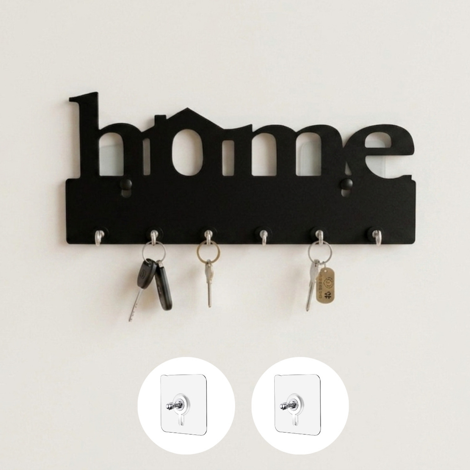 Image of HOME SPIRE Black Home Without Drill Wall Key Holder - Rustic Key Rack for Entryway Wood Key Holder