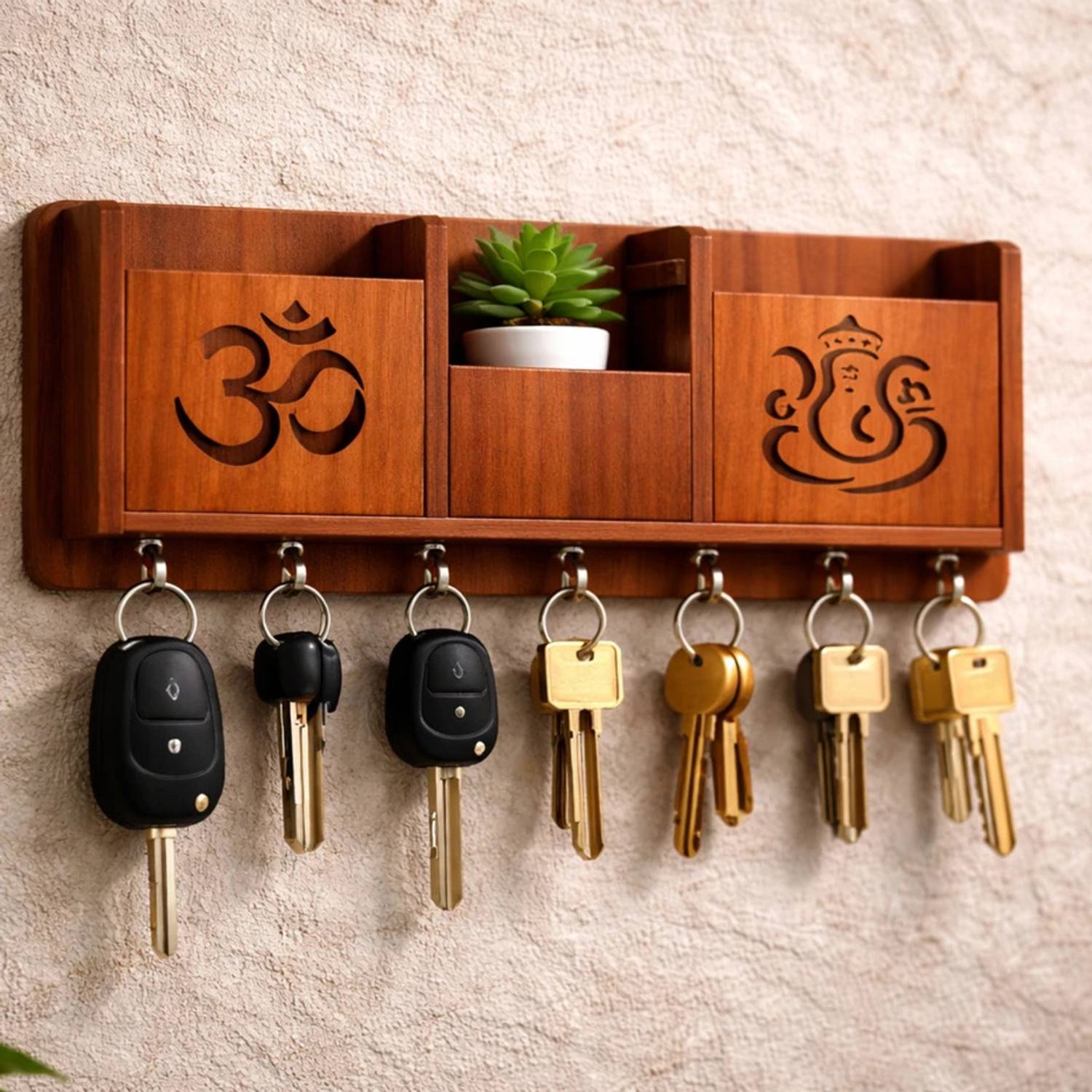 woodenmakes Wooden Key Holder with Om & Ganesh - Image 1
